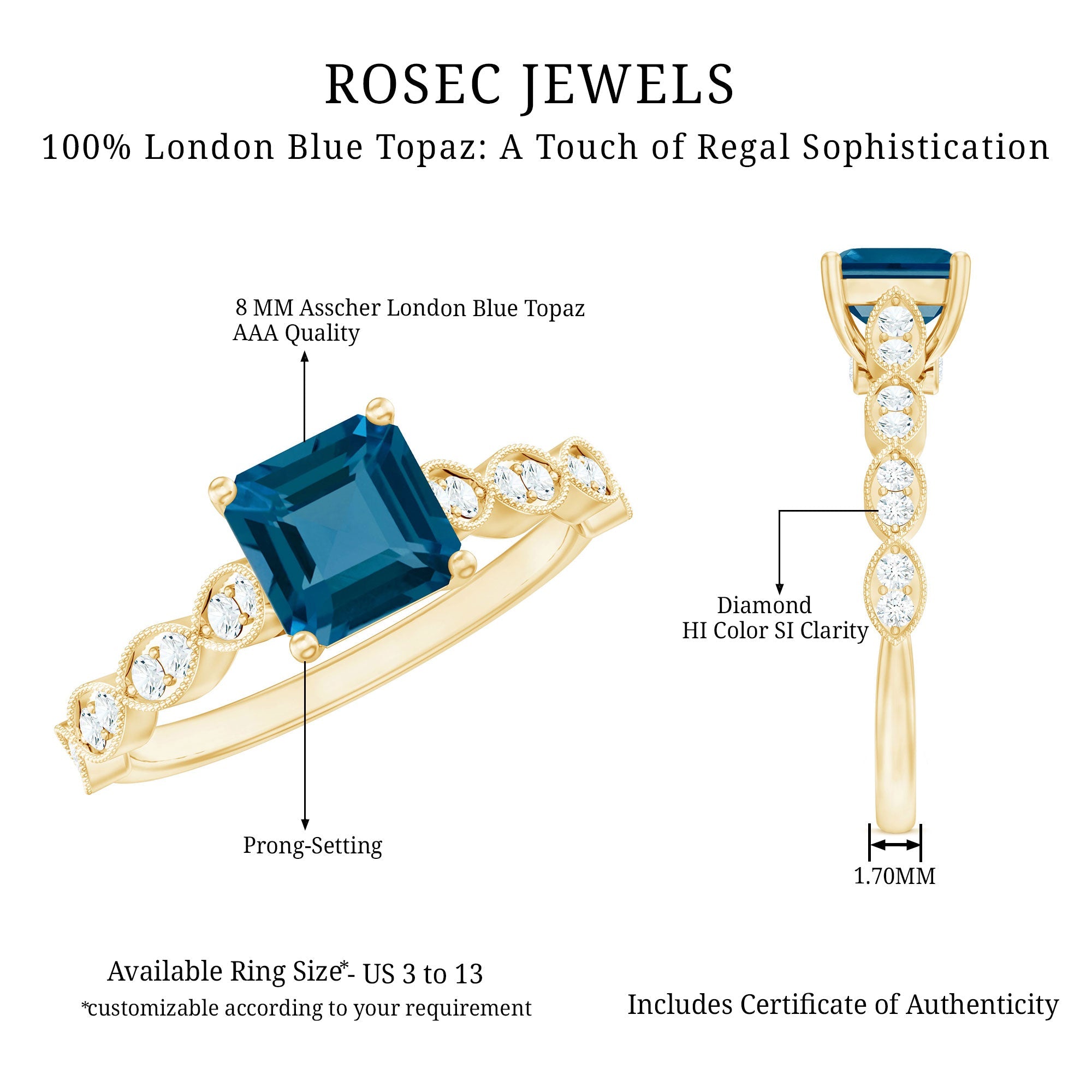 3 Carat Asscher Cut London Blue Topaz Designer Engagement Ring with Diamond