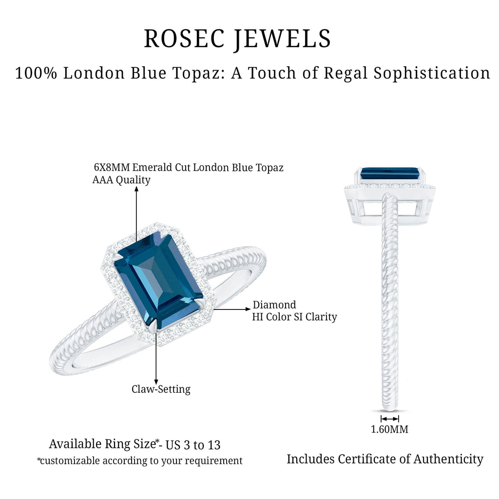 Blue Topaz Engagement Ring – Emerald Cut Blue Topaz with Diamond Halo Accent