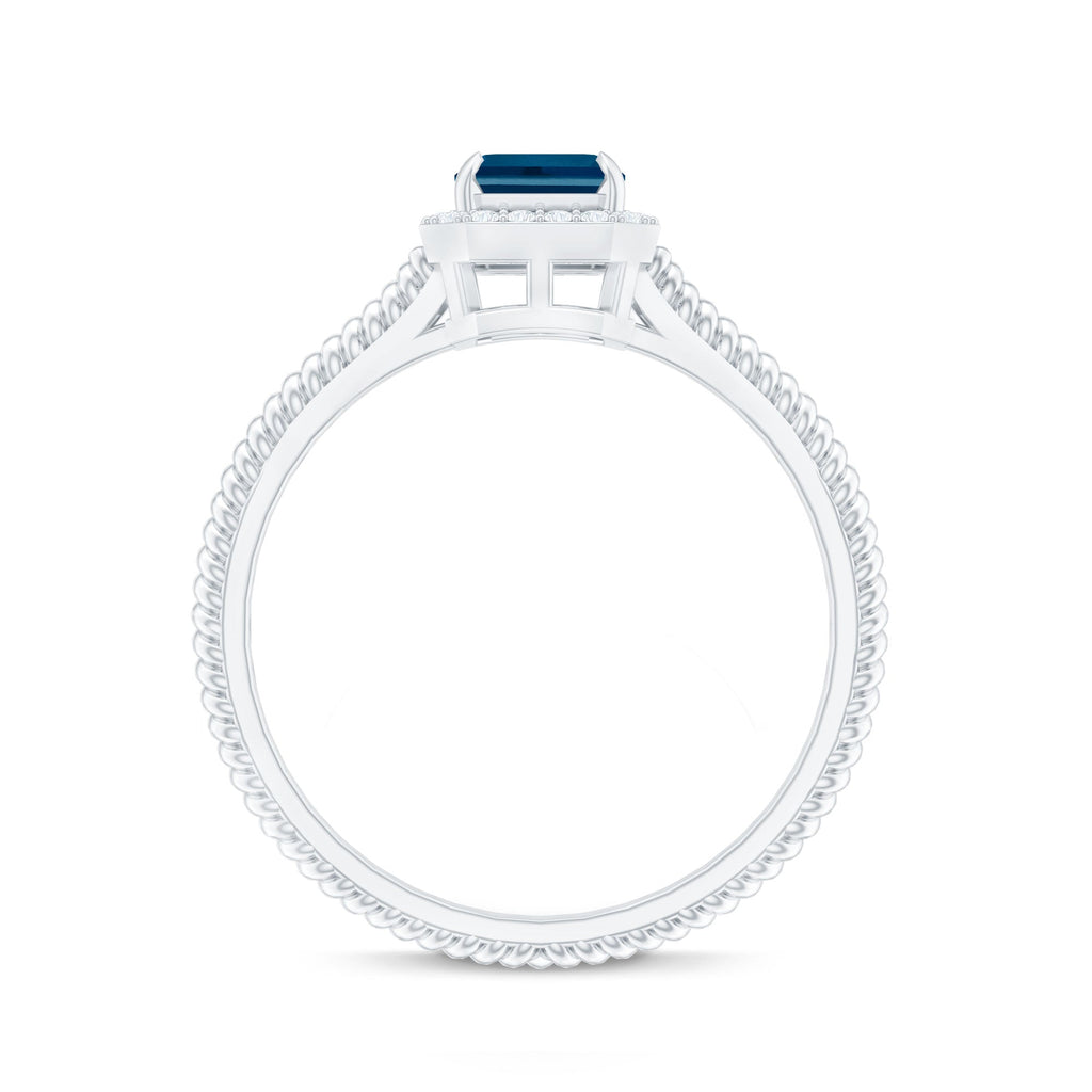 Blue Topaz Engagement Ring – Emerald Cut Blue Topaz with Diamond Halo Accent