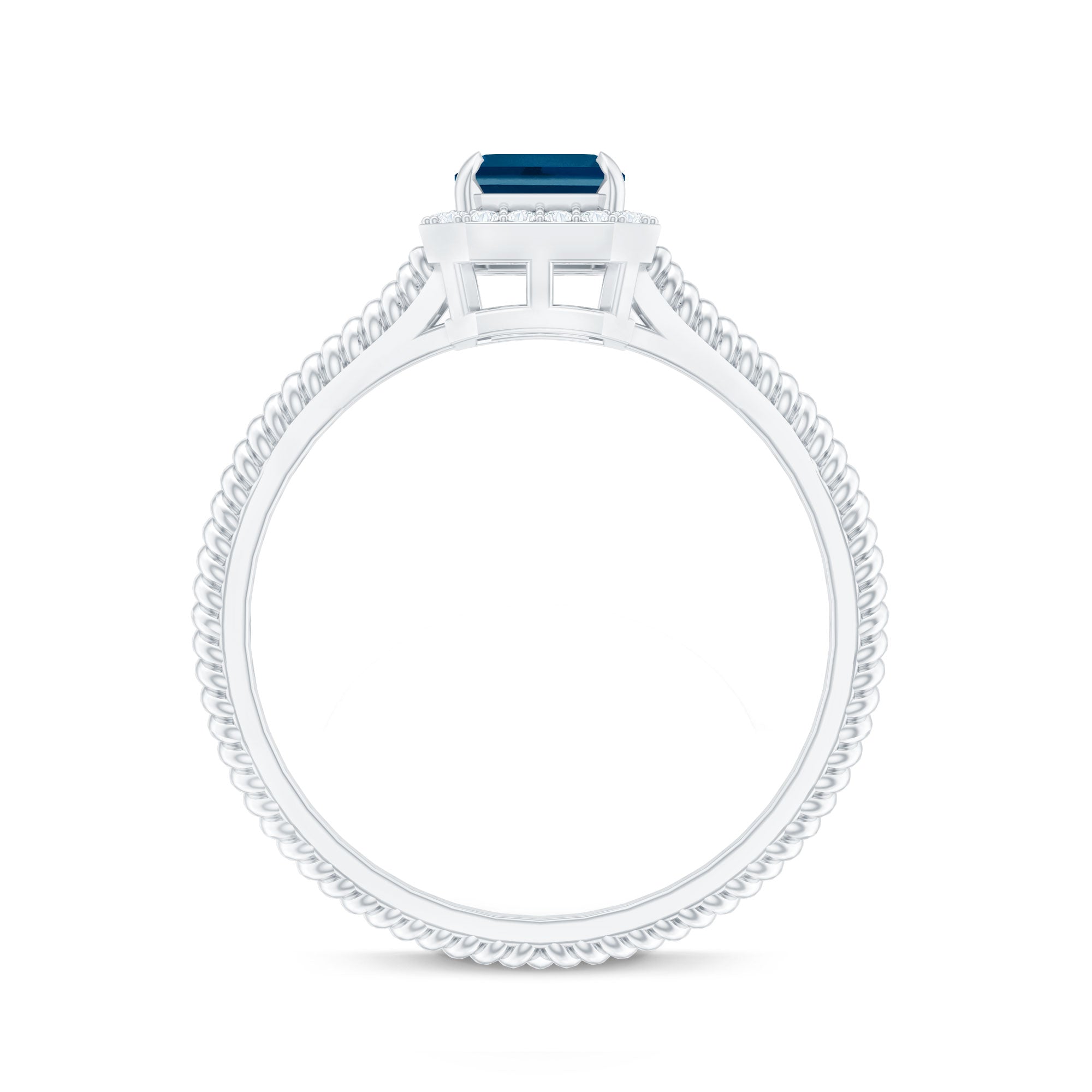 Blue Topaz Engagement Ring – Emerald Cut Blue Topaz with Diamond Halo Accent