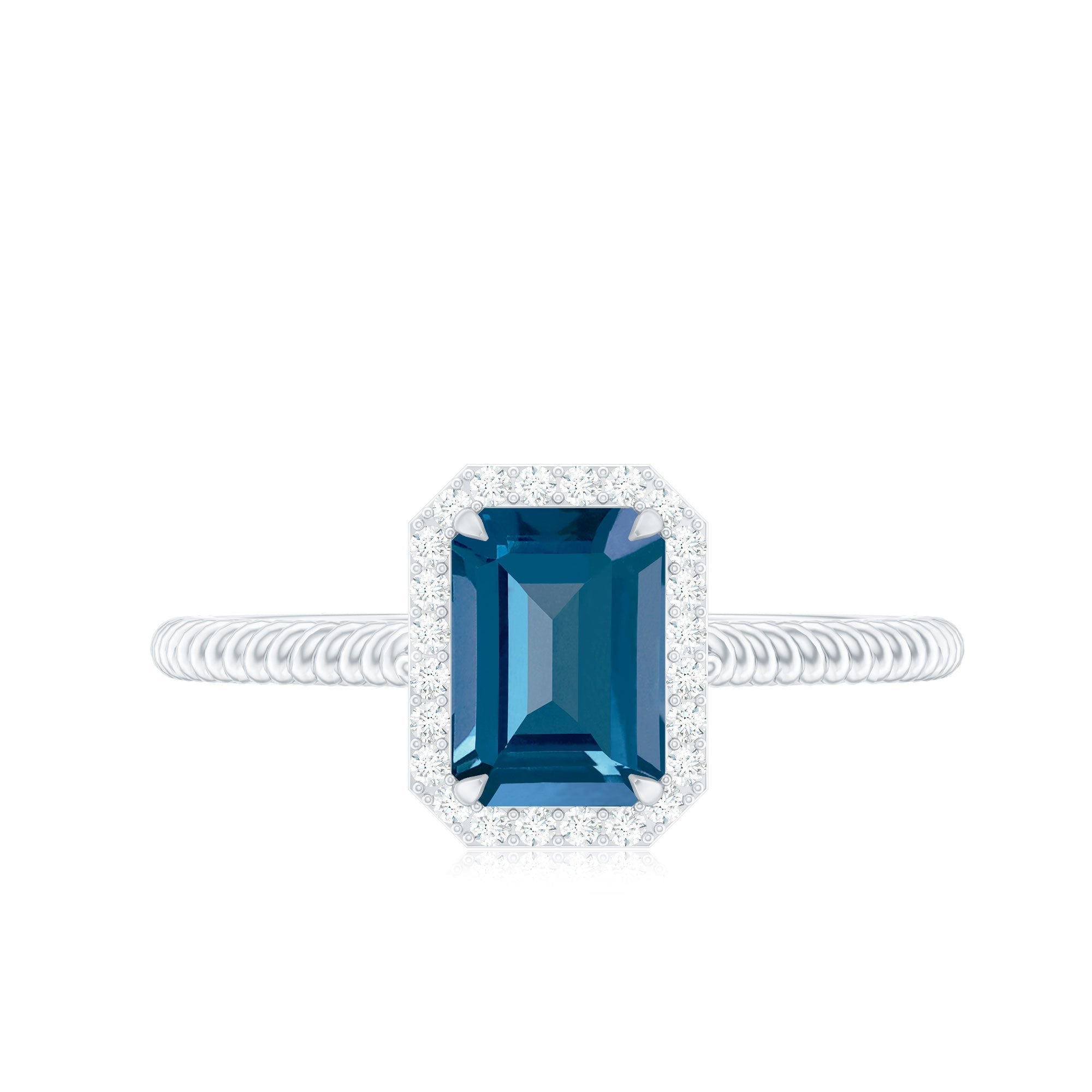 Blue Topaz Engagement Ring – Emerald Cut Blue Topaz with Diamond Halo Accent
