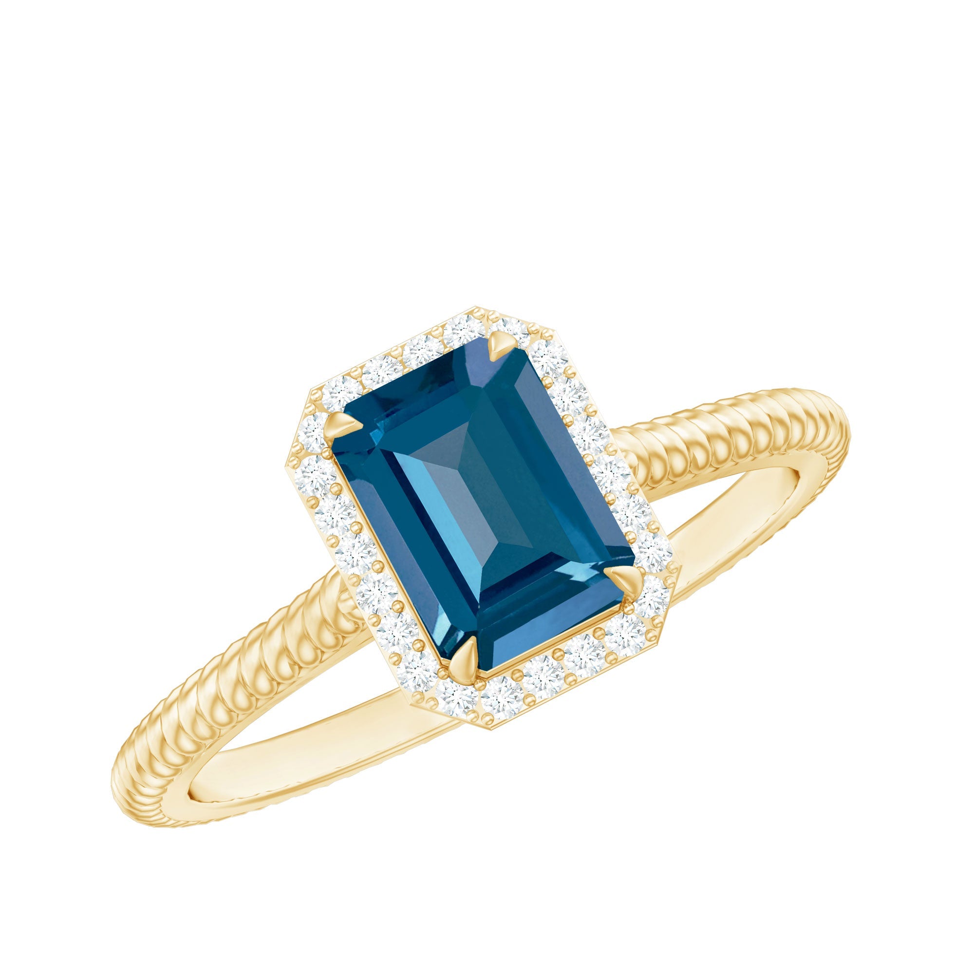 Blue Topaz Engagement Ring – Emerald Cut Blue Topaz with Diamond Halo Accent
