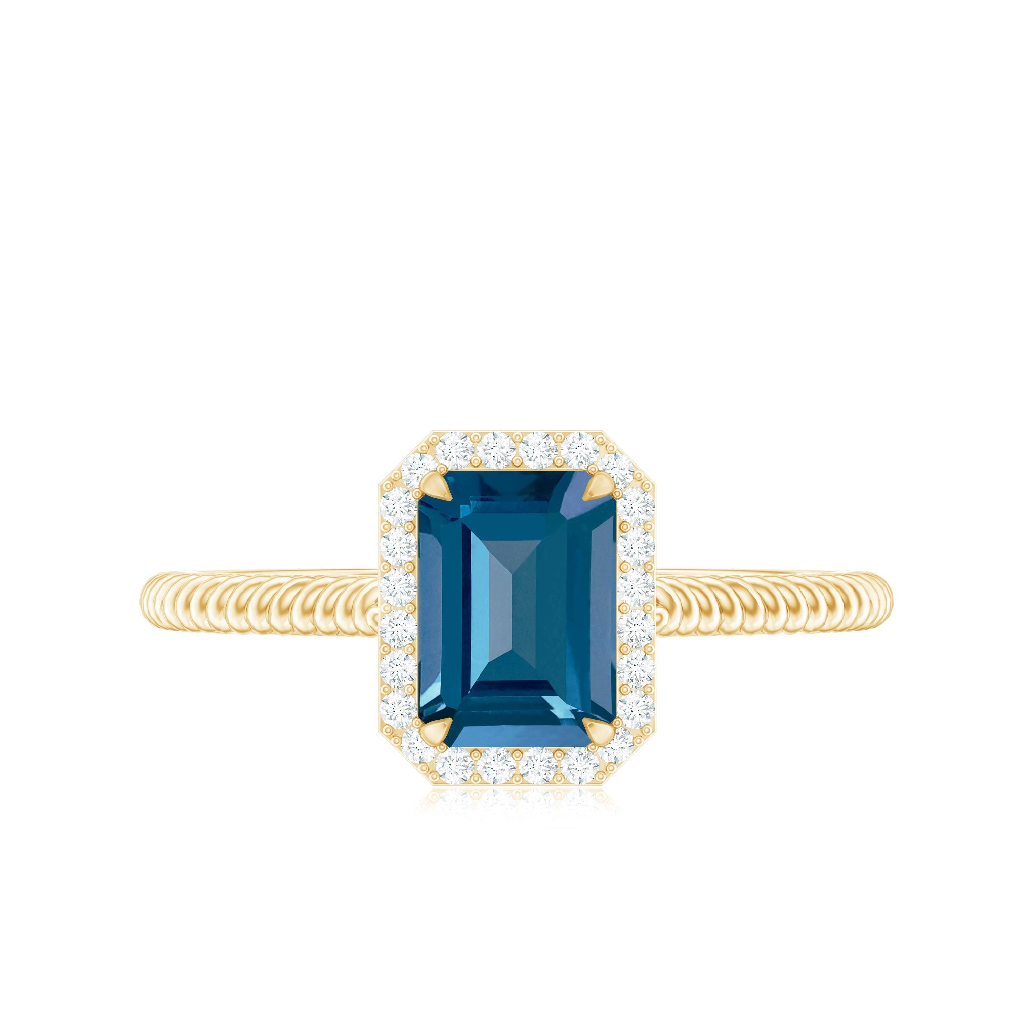 Blue Topaz Engagement Ring – Emerald Cut Blue Topaz with Diamond Halo Accent