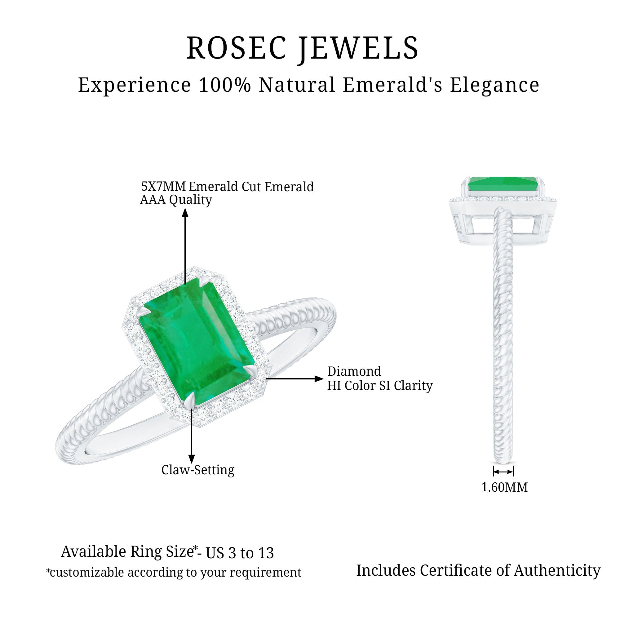 Emerald Engagement Ring - 1.2 Carat Emerald Cut with Diamond Halo & Twisted Rope Band