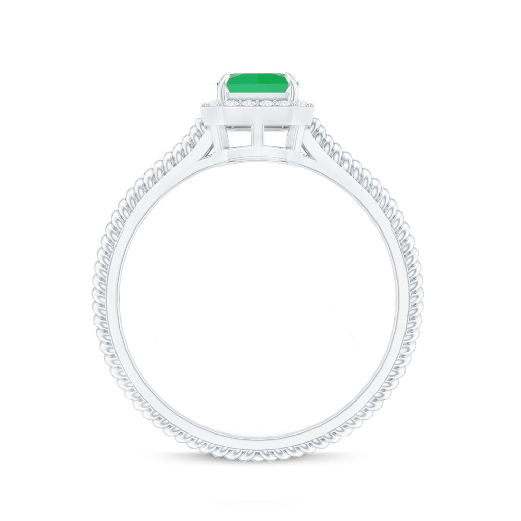 Emerald Engagement Ring - 1.2 Carat Emerald Cut with Diamond Halo & Twisted Rope Band