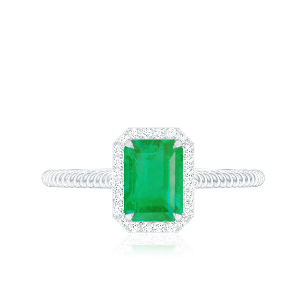 Emerald Engagement Ring - 1.2 Carat Emerald Cut with Diamond Halo & Twisted Rope Band