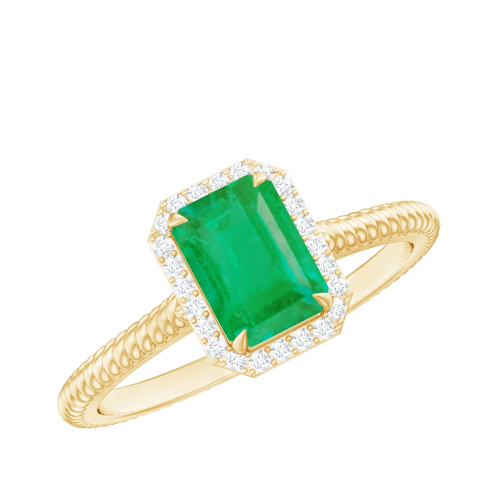 Emerald Engagement Ring - 1.2 Carat Emerald Cut with Diamond Halo & Twisted Rope Band