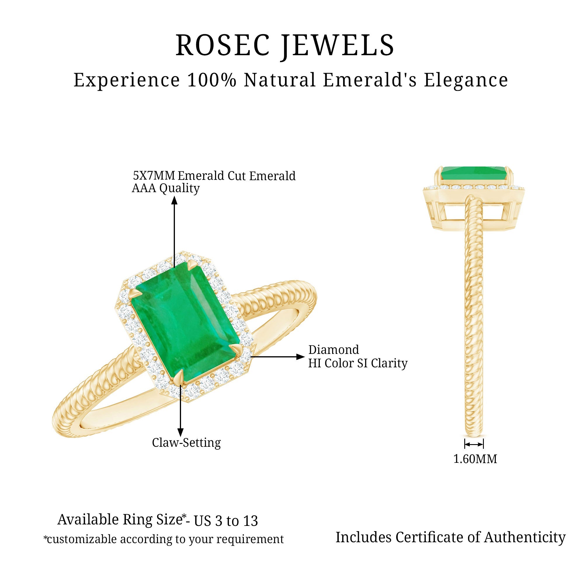 Emerald Engagement Ring - 1.2 Carat Emerald Cut with Diamond Halo & Twisted Rope Band