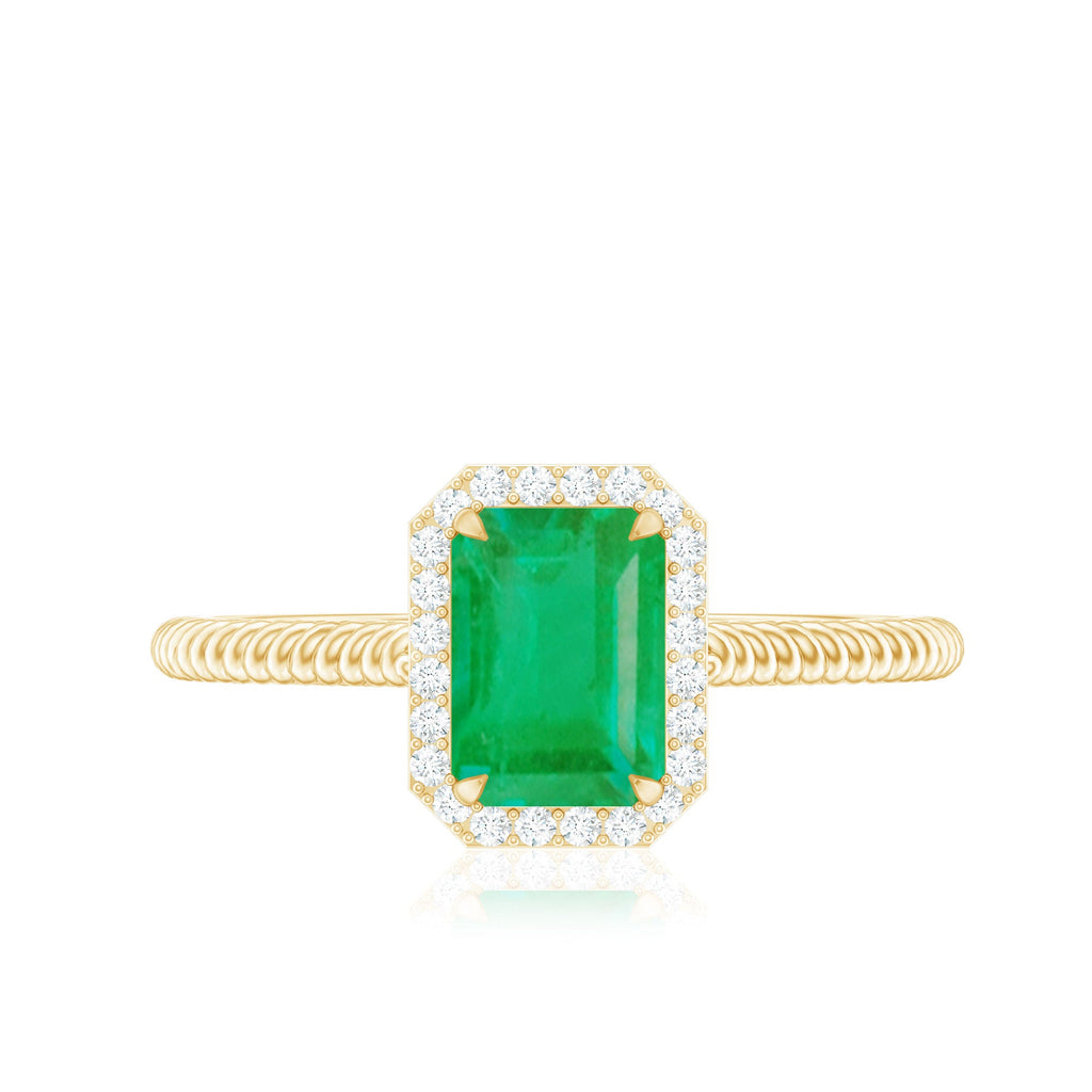 Emerald Engagement Ring - 1.2 Carat Emerald Cut with Diamond Halo & Twisted Rope Band
