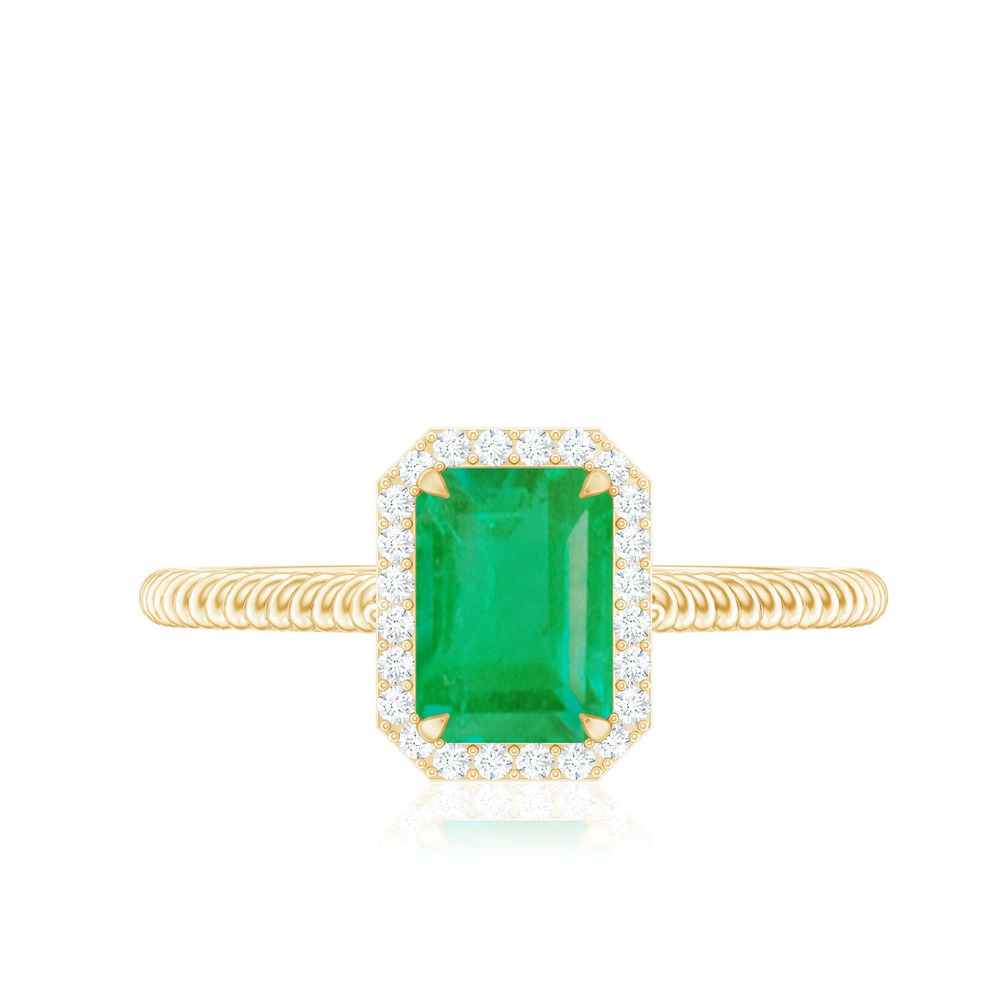Emerald Engagement Ring - 1.2 Carat Emerald Cut with Diamond Halo & Twisted Rope Band