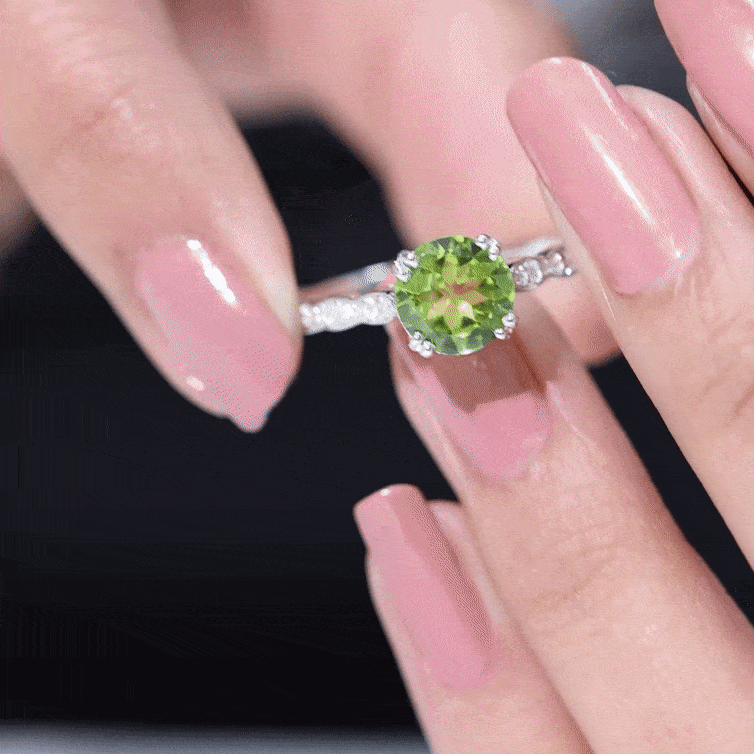 Peridot Engagement Ring – 2 Carat Solitaire with Diamond Side Stones & Double Prong Setting