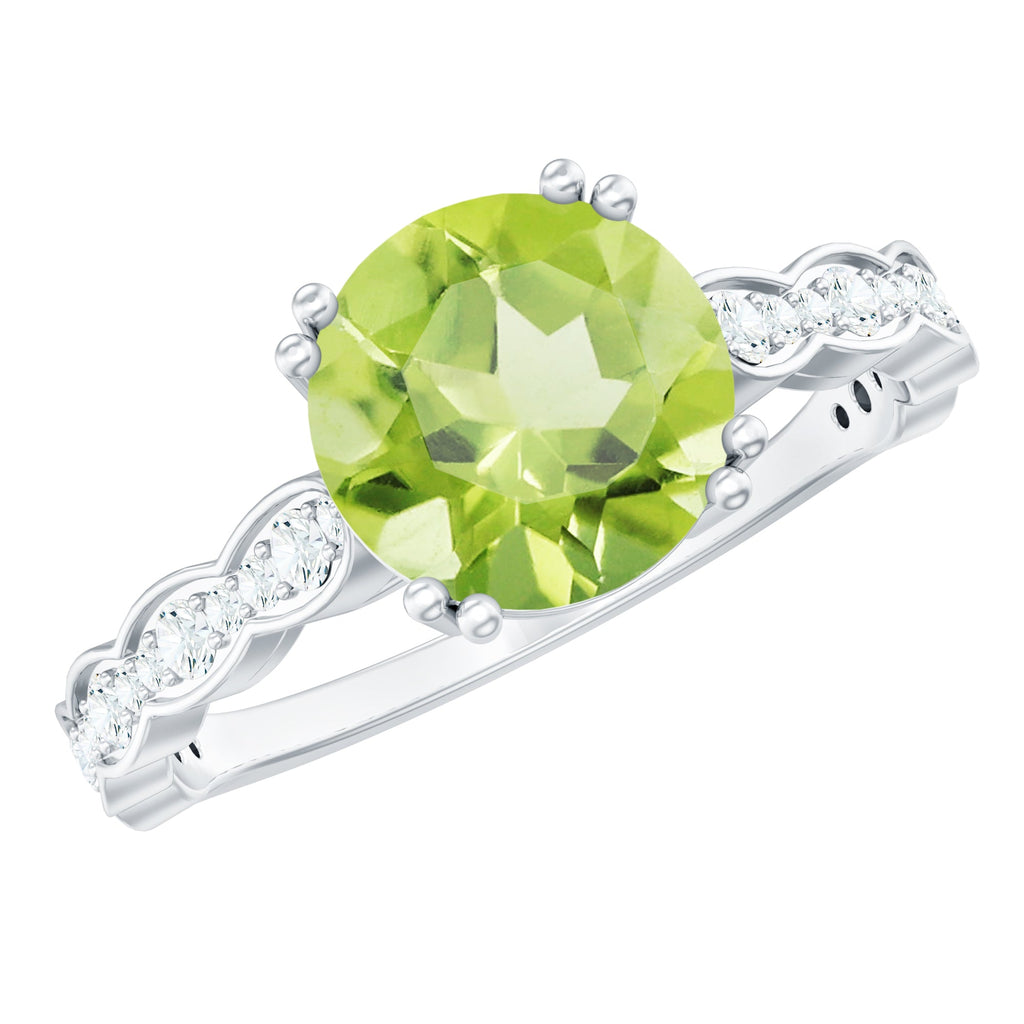 Peridot Engagement Ring – 2 Carat Solitaire with Diamond Side Stones & Double Prong Setting