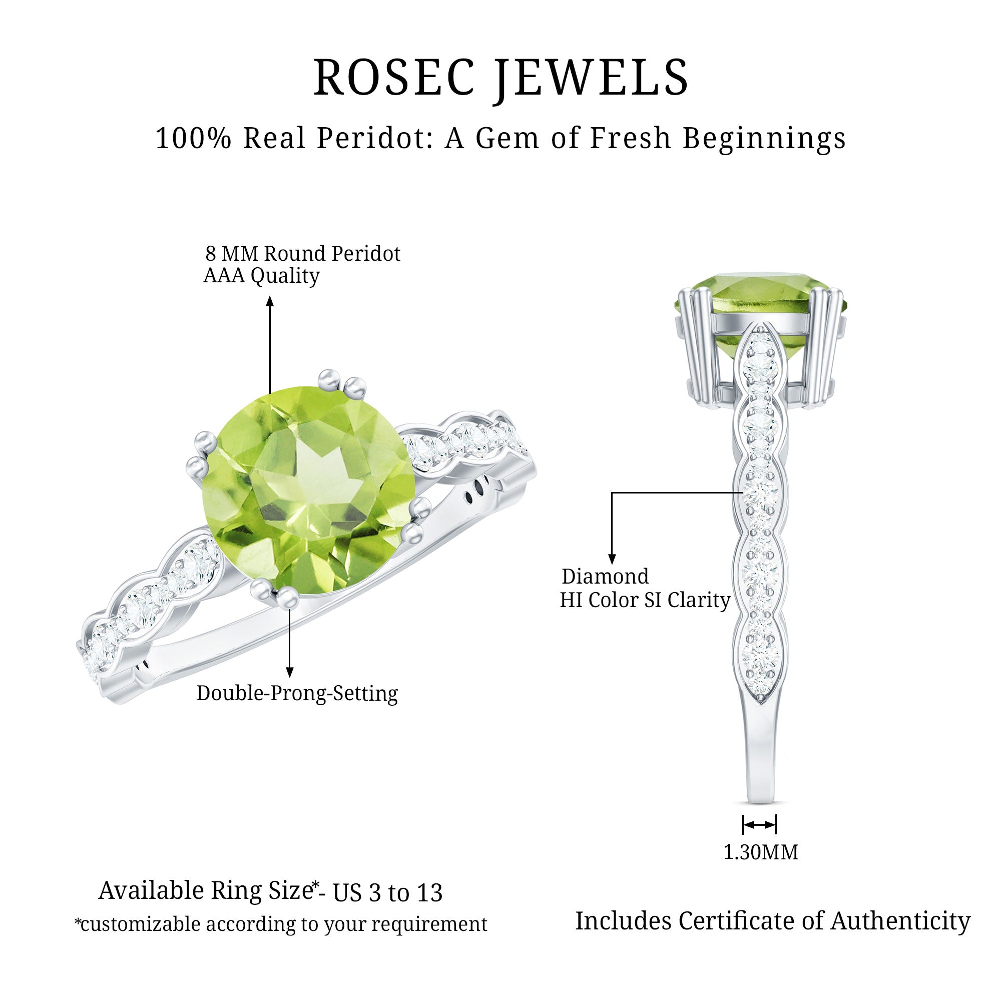 Peridot Engagement Ring – 2 Carat Solitaire with Diamond Side Stones & Double Prong Setting