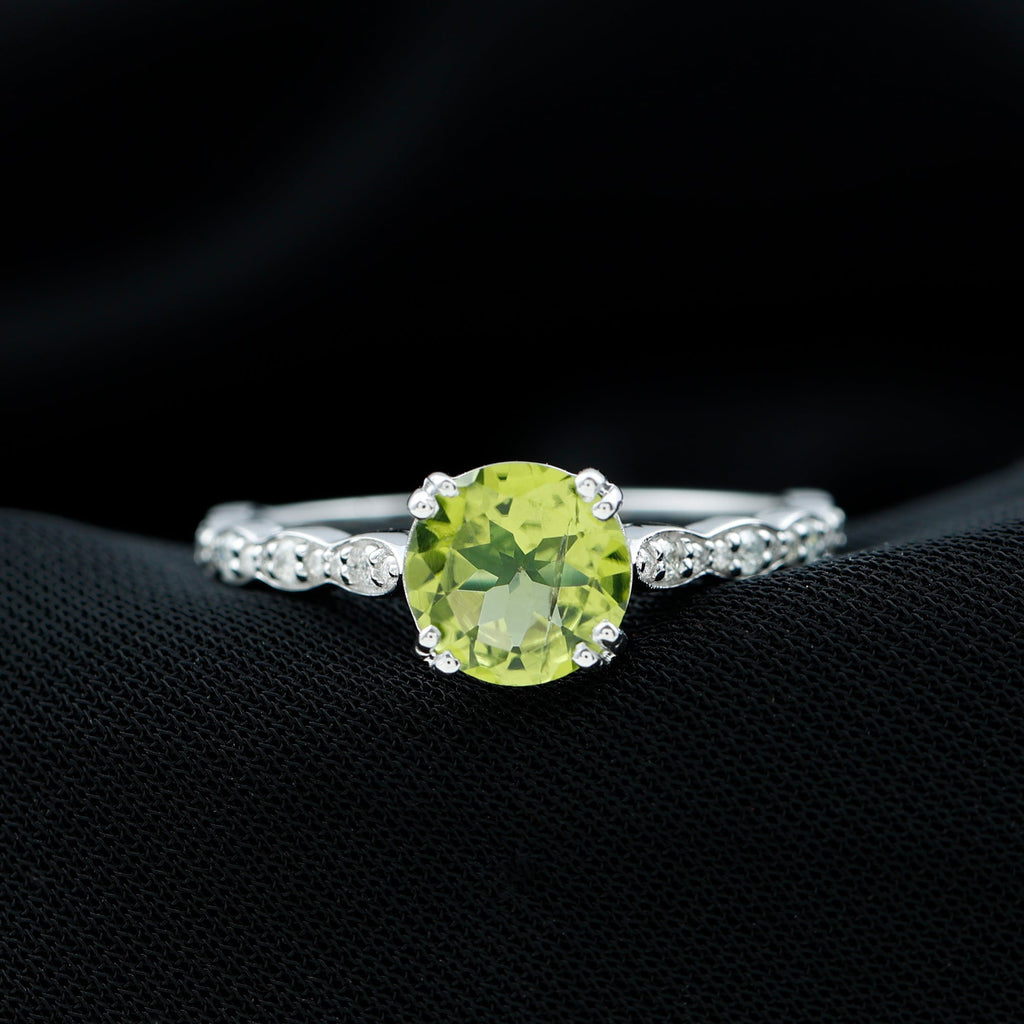 Peridot Engagement Ring – 2 Carat Solitaire with Diamond Side Stones & Double Prong Setting
