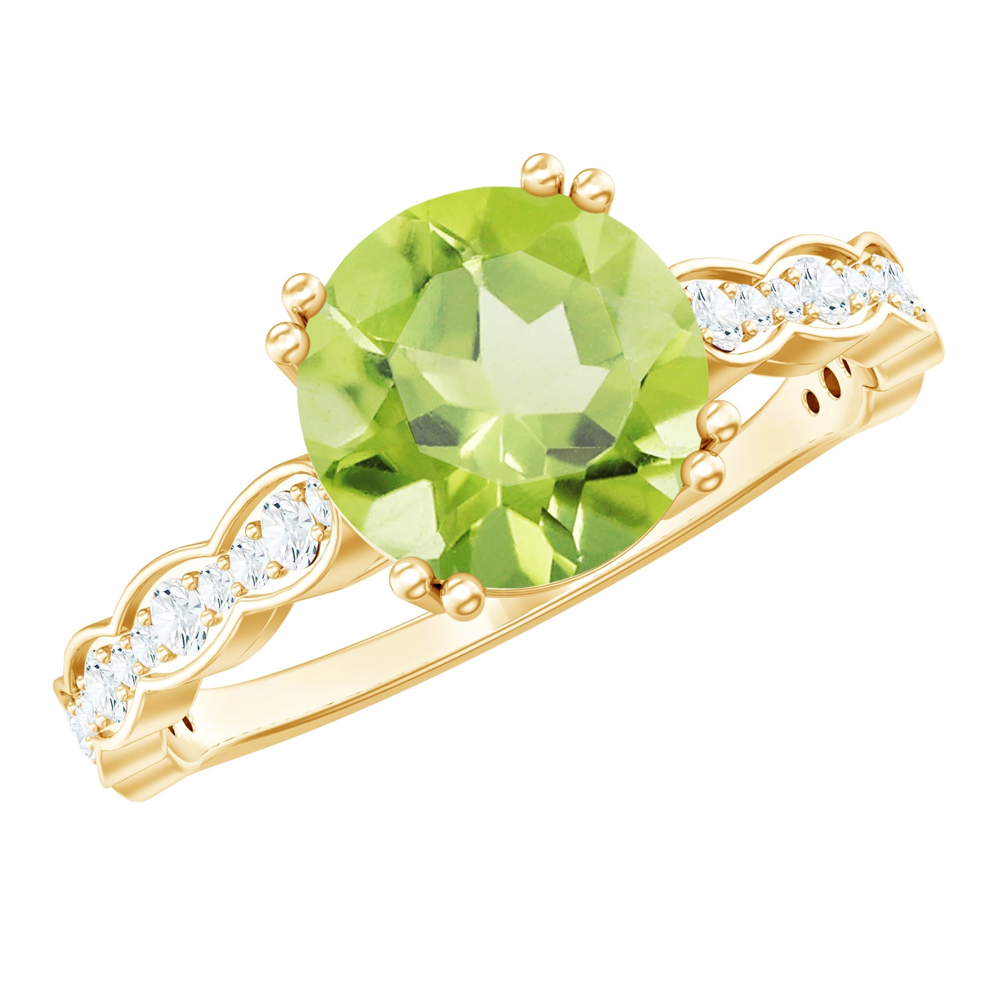Peridot Engagement Ring – 2 Carat Solitaire with Diamond Side Stones & Double Prong Setting