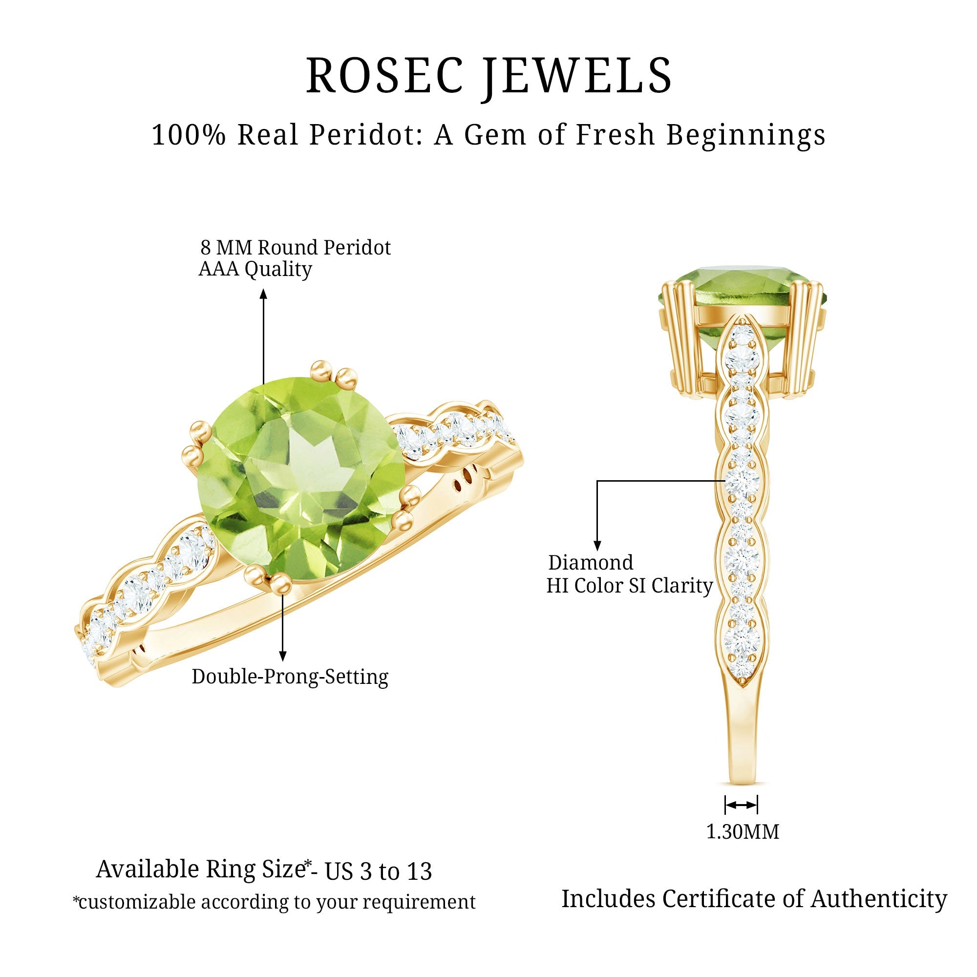 Peridot Engagement Ring – 2 Carat Solitaire with Diamond Side Stones & Double Prong Setting