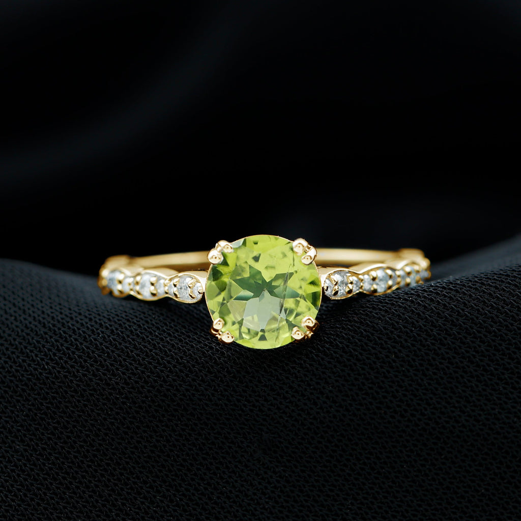 Peridot Engagement Ring – 2 Carat Solitaire with Diamond Side Stones & Double Prong Setting