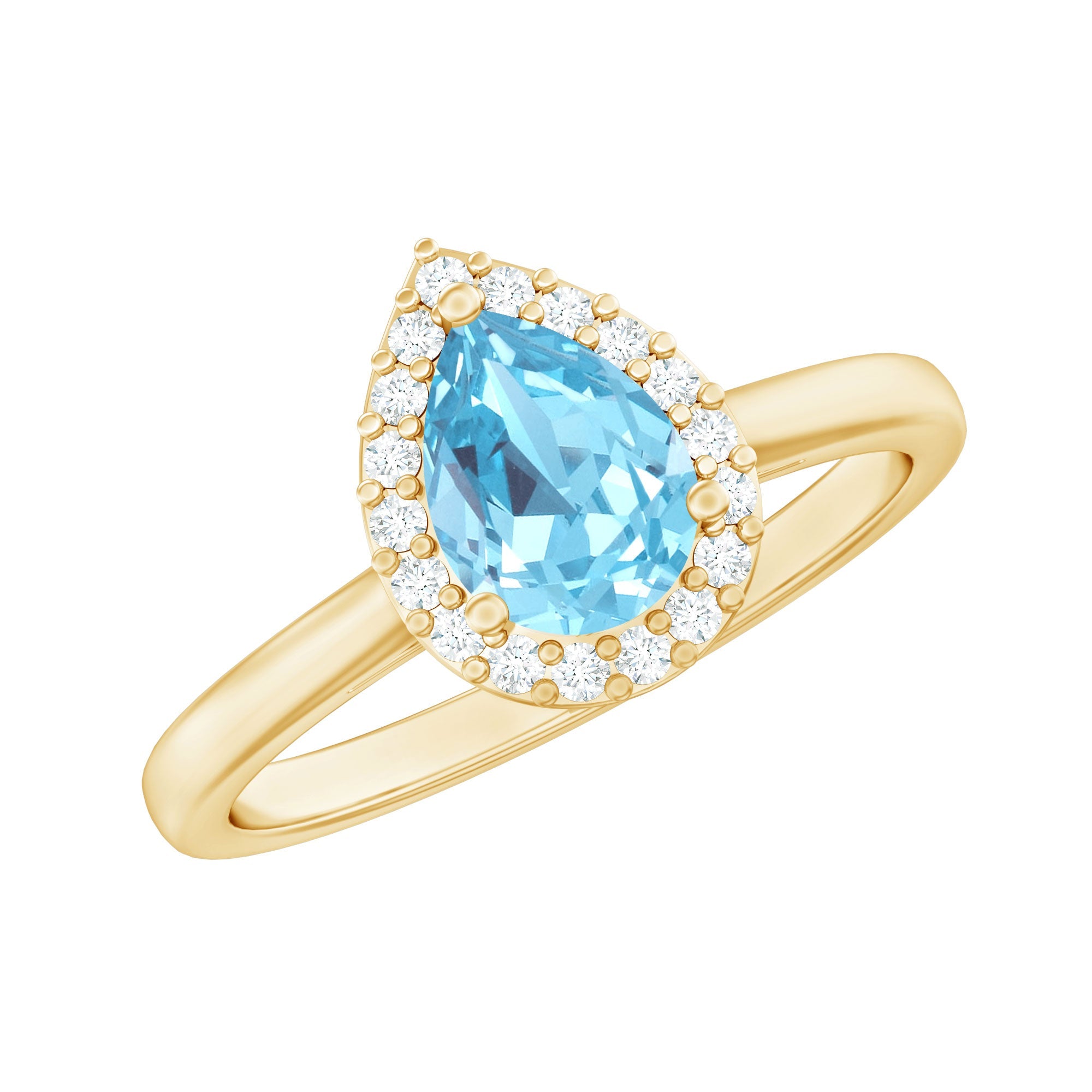 Aquamarine Engagement Ring – 1 Carat Pear Cut Halo Diamond Setting Blue Gemstone