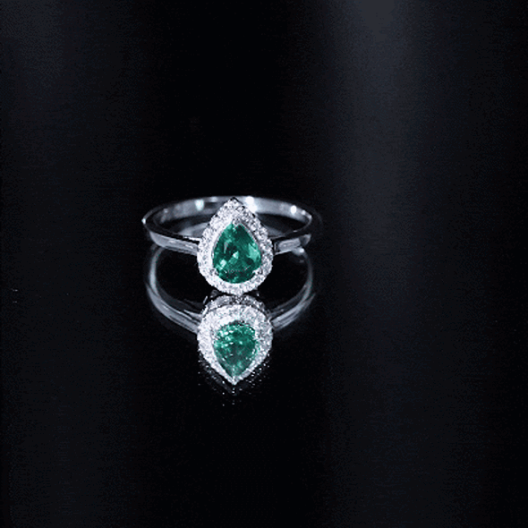 Emerald Engagement Ring – Pear Shaped Diamond Halo Teardrop Ring in Prong Setting