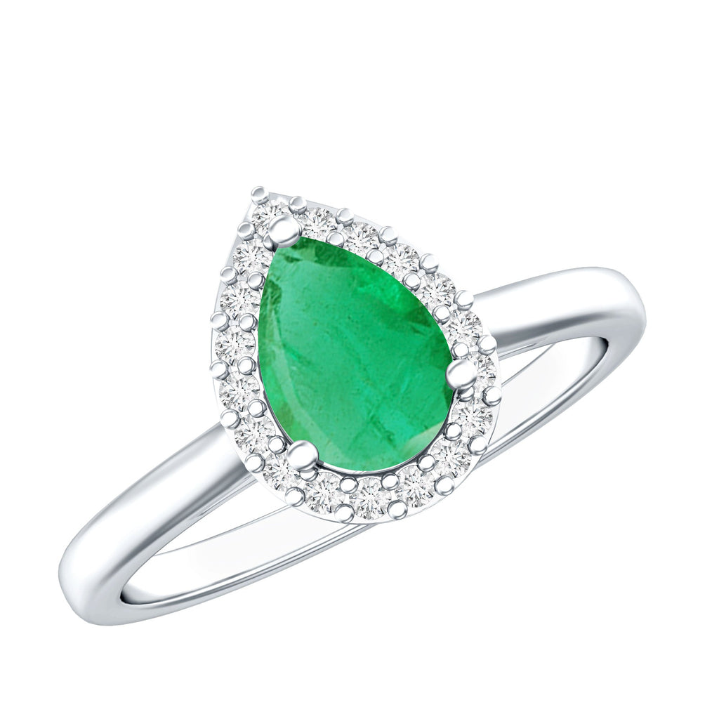 Emerald Engagement Ring – Pear Shaped Diamond Halo Teardrop Ring in Prong Setting