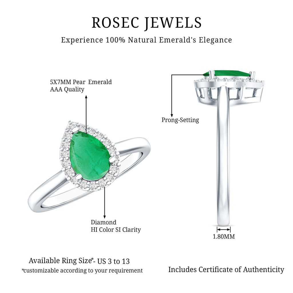 Emerald Engagement Ring – Pear Shaped Diamond Halo Teardrop Ring in Prong Setting