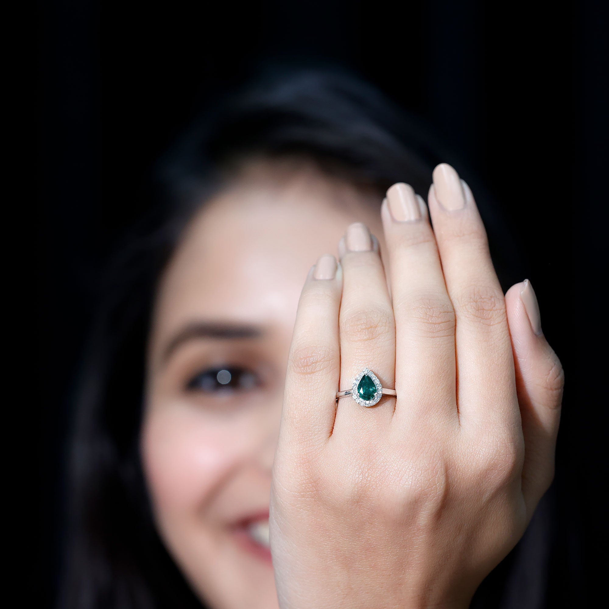 Emerald Engagement Ring – Pear Shaped Diamond Halo Teardrop Ring in Prong Setting