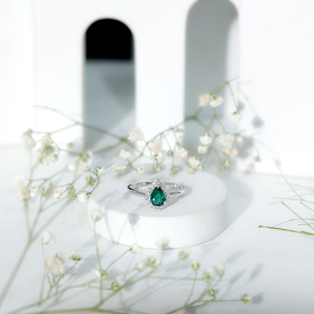 Emerald Engagement Ring – Pear Shaped Diamond Halo Teardrop Ring in Prong Setting