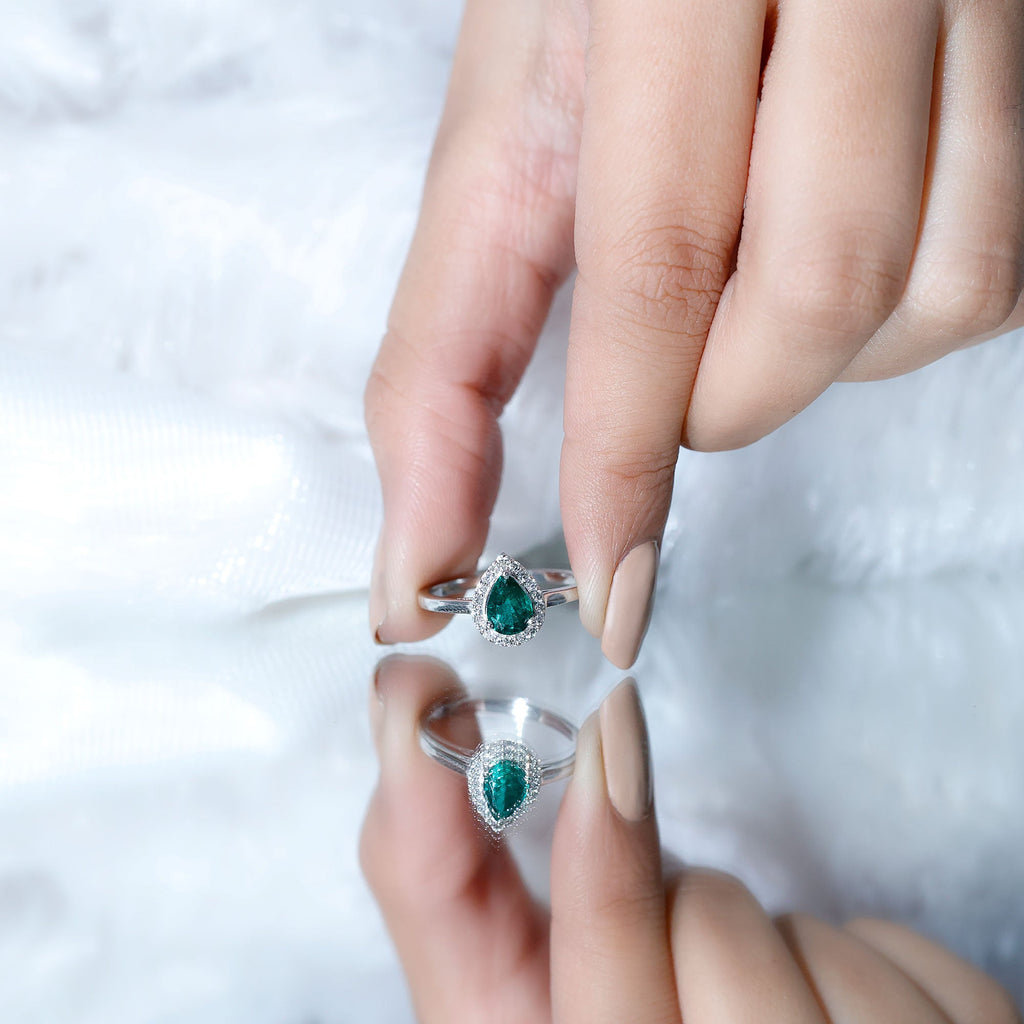 Emerald Engagement Ring – Pear Shaped Diamond Halo Teardrop Ring in Prong Setting