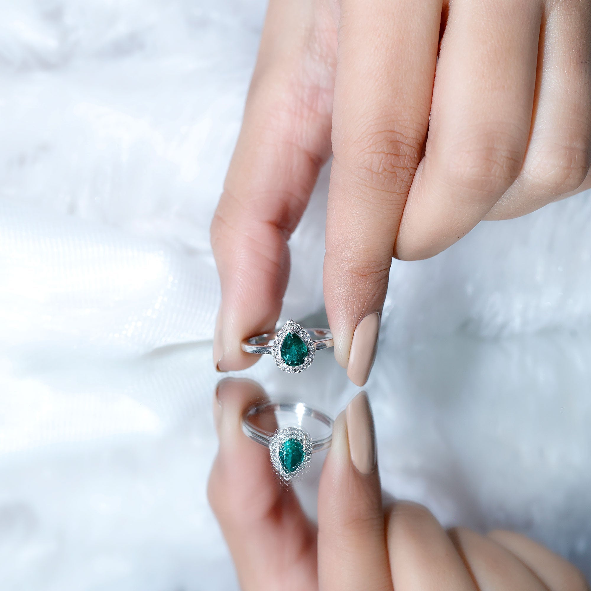 Emerald Engagement Ring – Pear Shaped Diamond Halo Teardrop Ring in Prong Setting