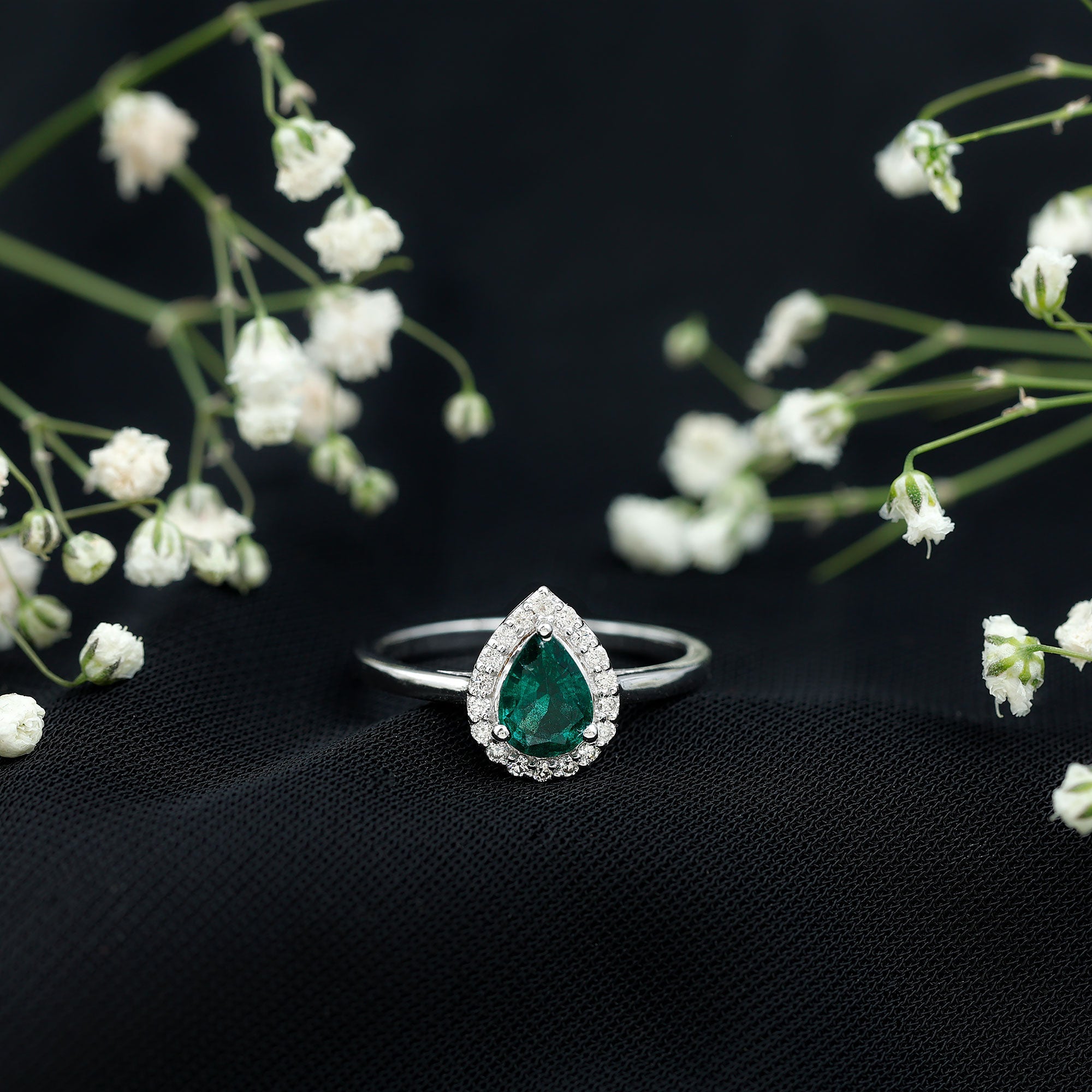 Emerald Engagement Ring – Pear Shaped Diamond Halo Teardrop Ring in Prong Setting