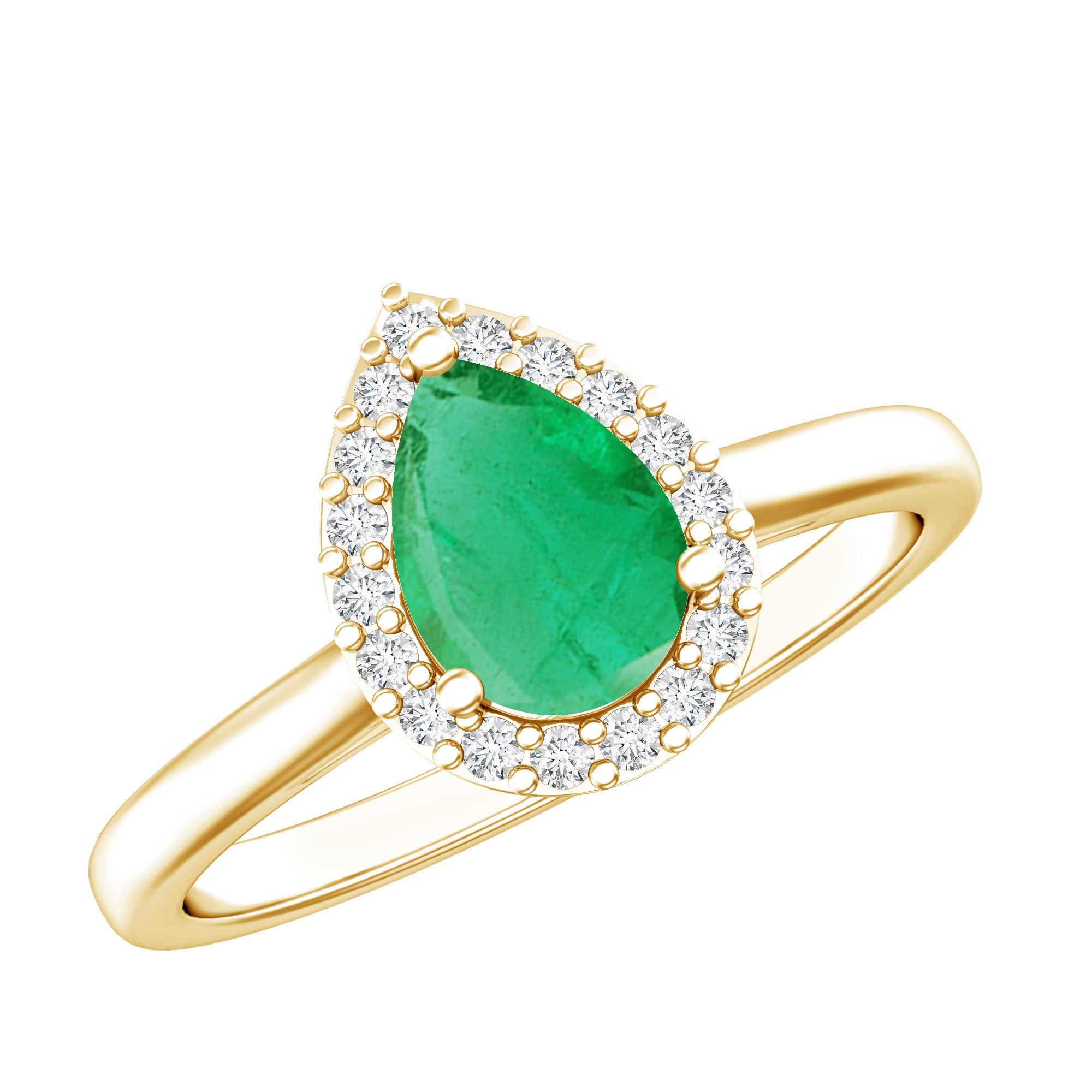 Emerald Engagement Ring – Pear Shaped Diamond Halo Teardrop Ring in Prong Setting