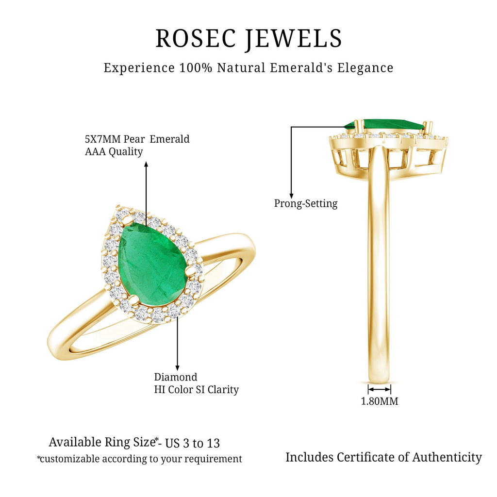 Emerald Engagement Ring – Pear Shaped Diamond Halo Teardrop Ring in Prong Setting