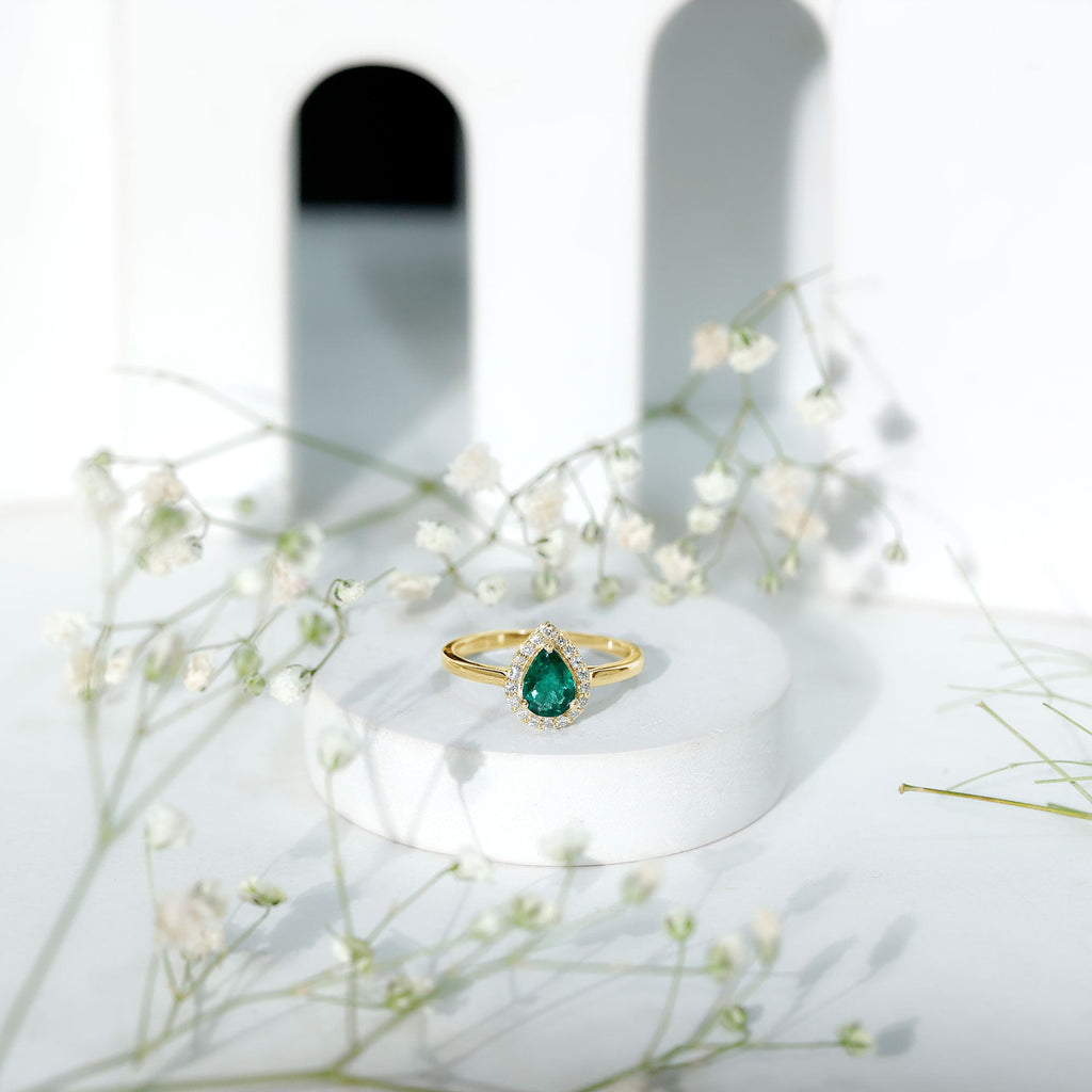 Emerald Engagement Ring – Pear Shaped Diamond Halo Teardrop Ring in Prong Setting