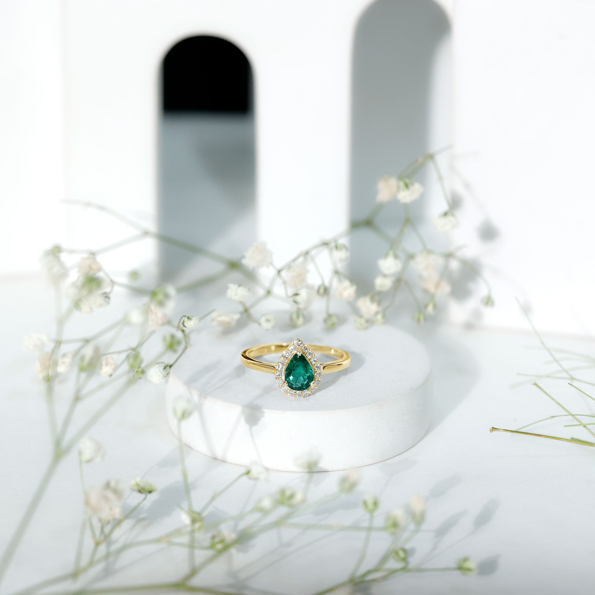 Emerald Engagement Ring – Pear Shaped Diamond Halo Teardrop Ring in Prong Setting