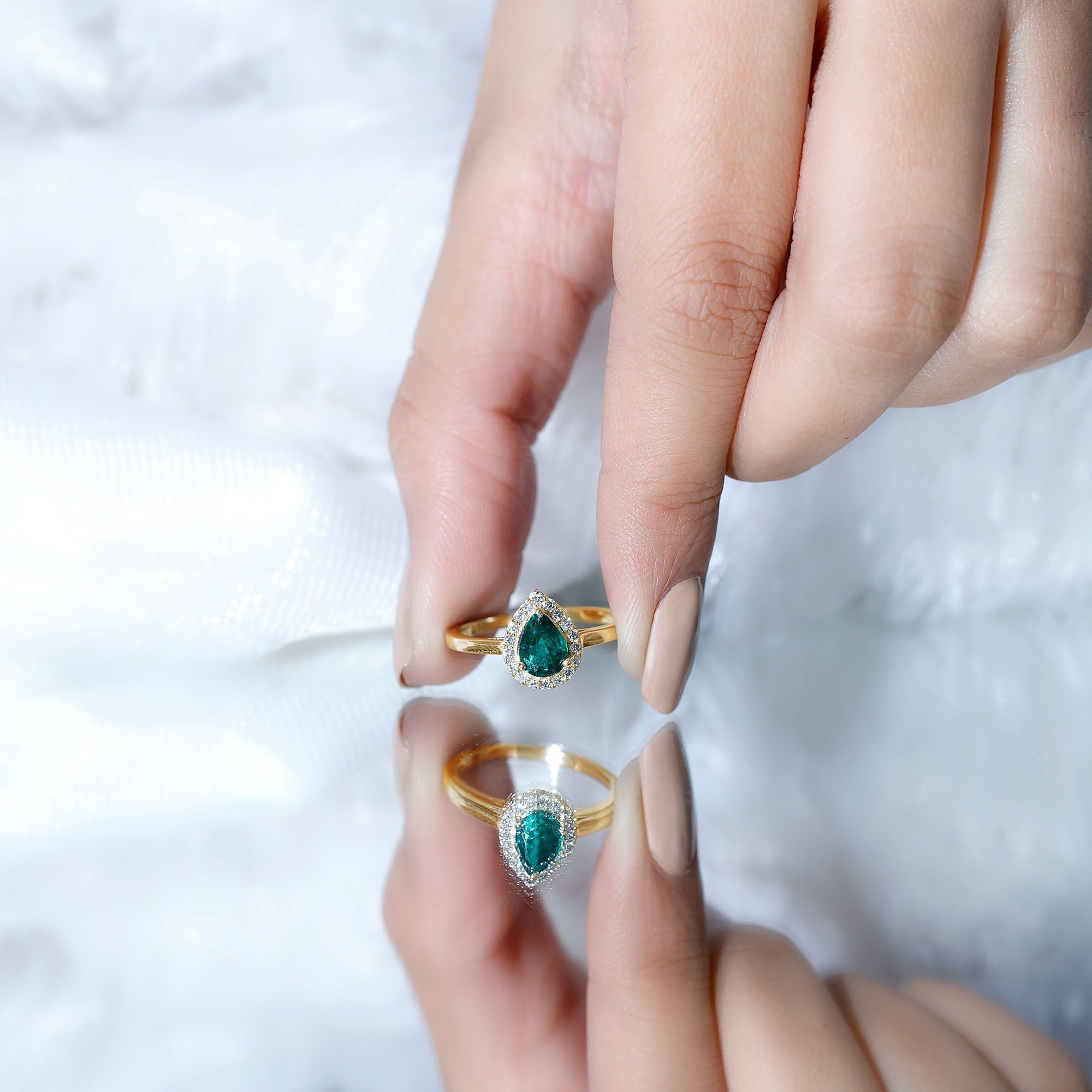 Emerald Engagement Ring – Pear Shaped Diamond Halo Teardrop Ring in Prong Setting