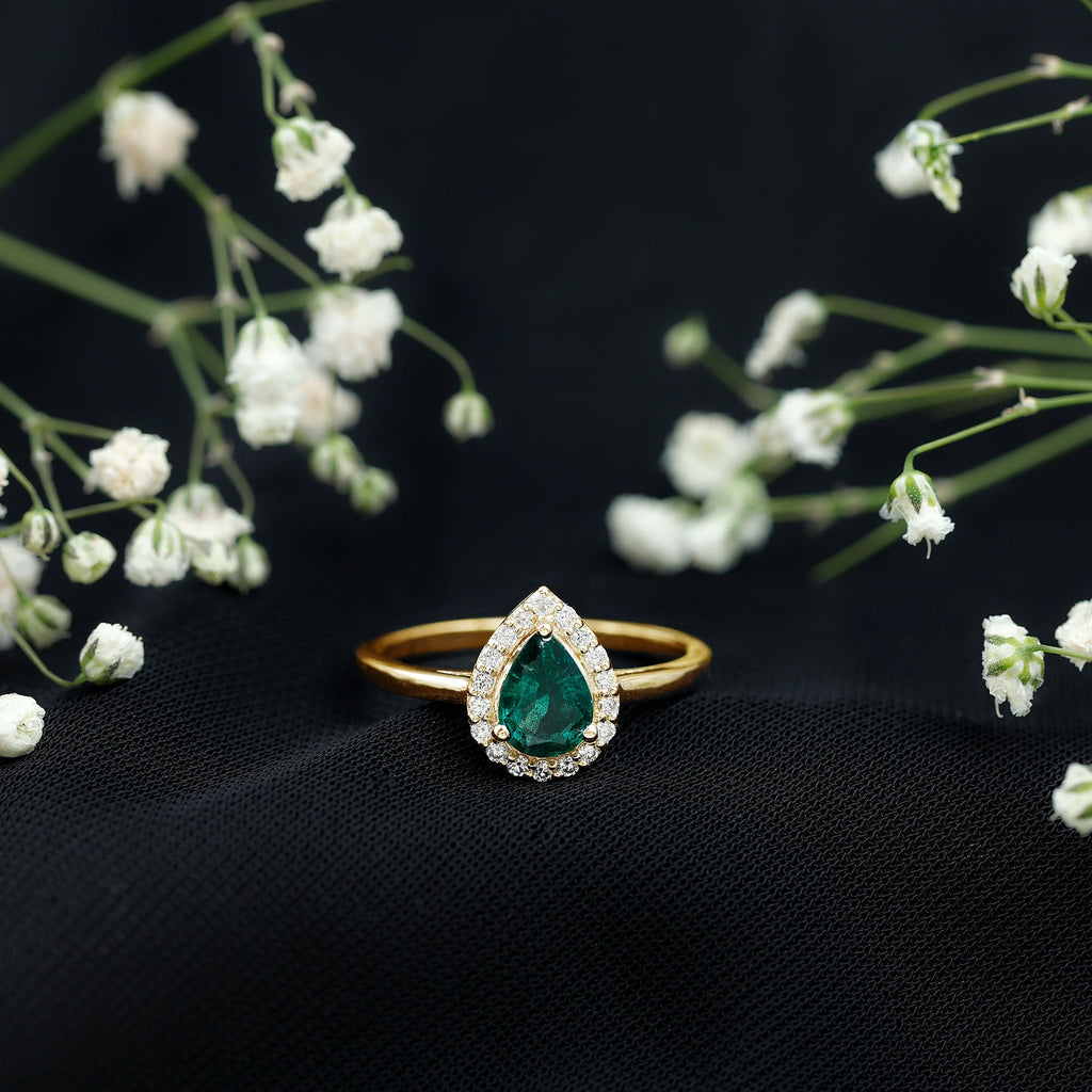 Emerald Engagement Ring – Pear Shaped Diamond Halo Teardrop Ring in Prong Setting