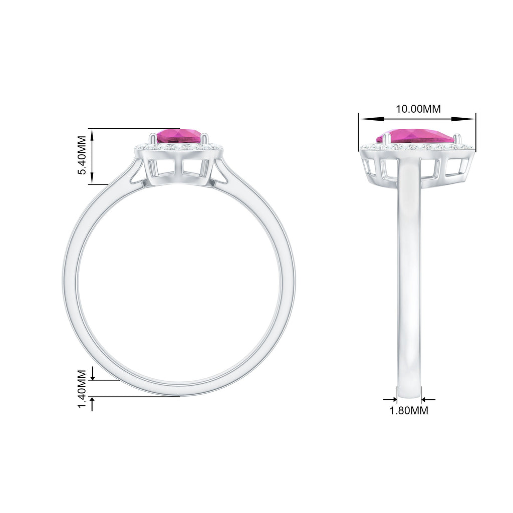 Technical drawing of 1.6 carat pear shape pink tourmaline ring with diamond halo showing dimensions