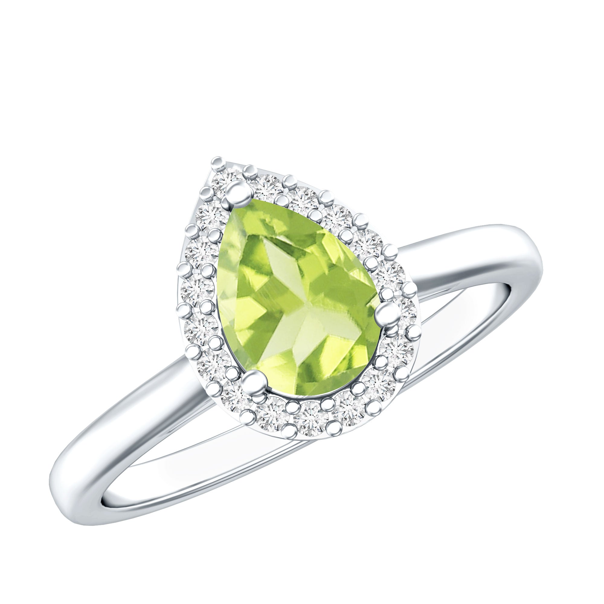 Peridot Engagement Ring – Teardrop Pear Shape with Diamond Halo Setting