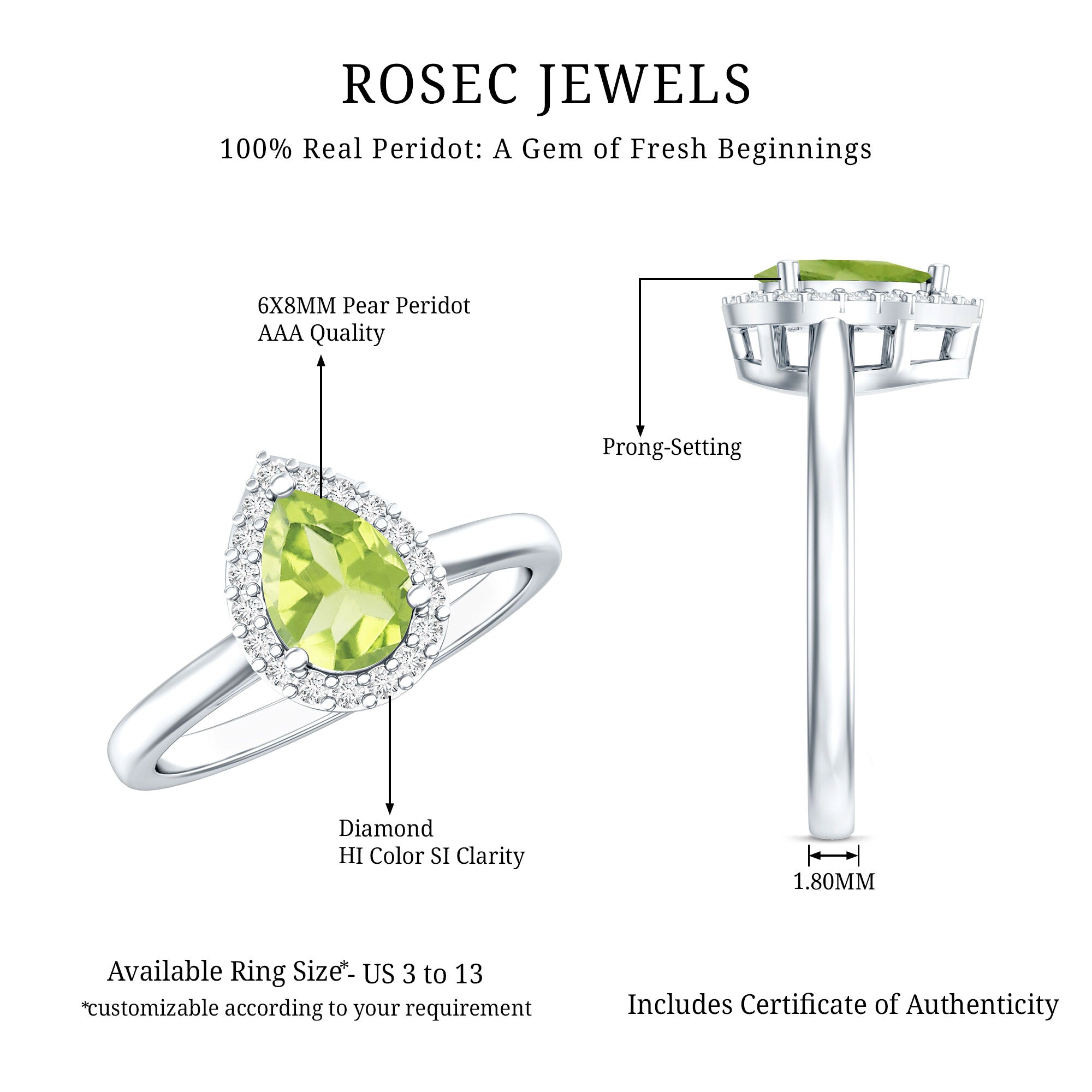 Peridot Engagement Ring – Teardrop Pear Shape with Diamond Halo Setting
