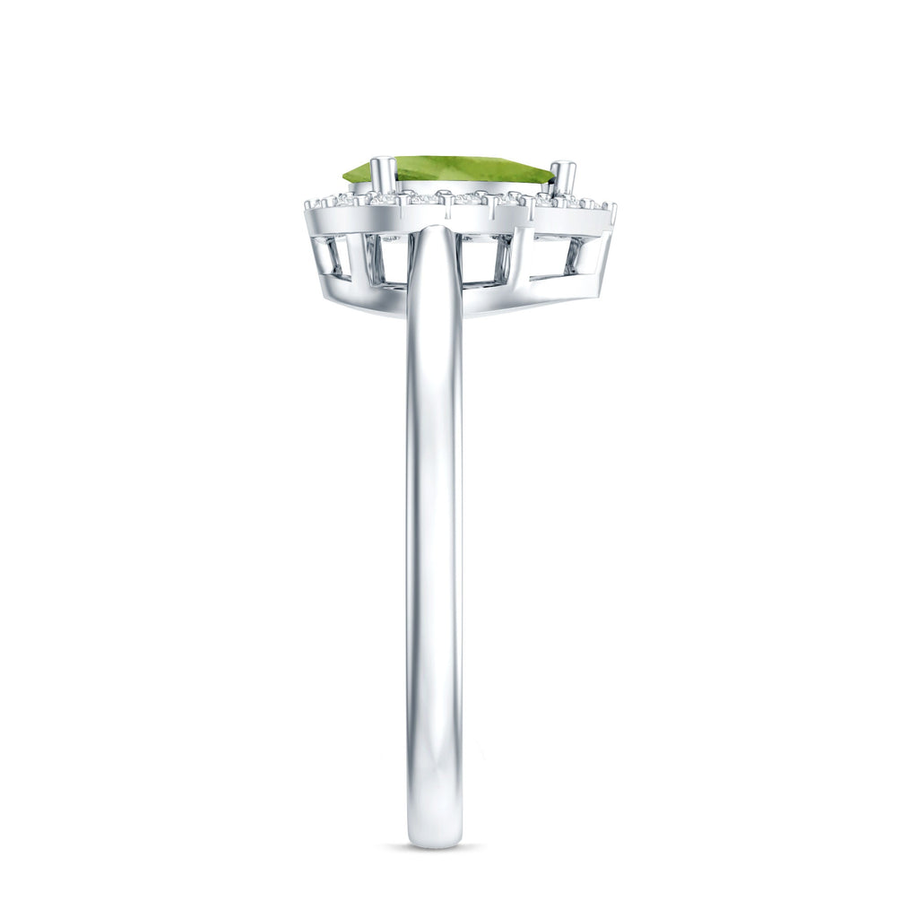 Peridot Engagement Ring – Teardrop Pear Shape with Diamond Halo Setting