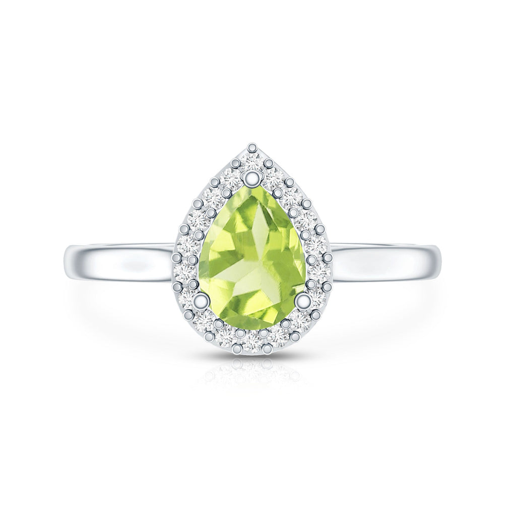 Peridot Engagement Ring – Teardrop Pear Shape with Diamond Halo Setting