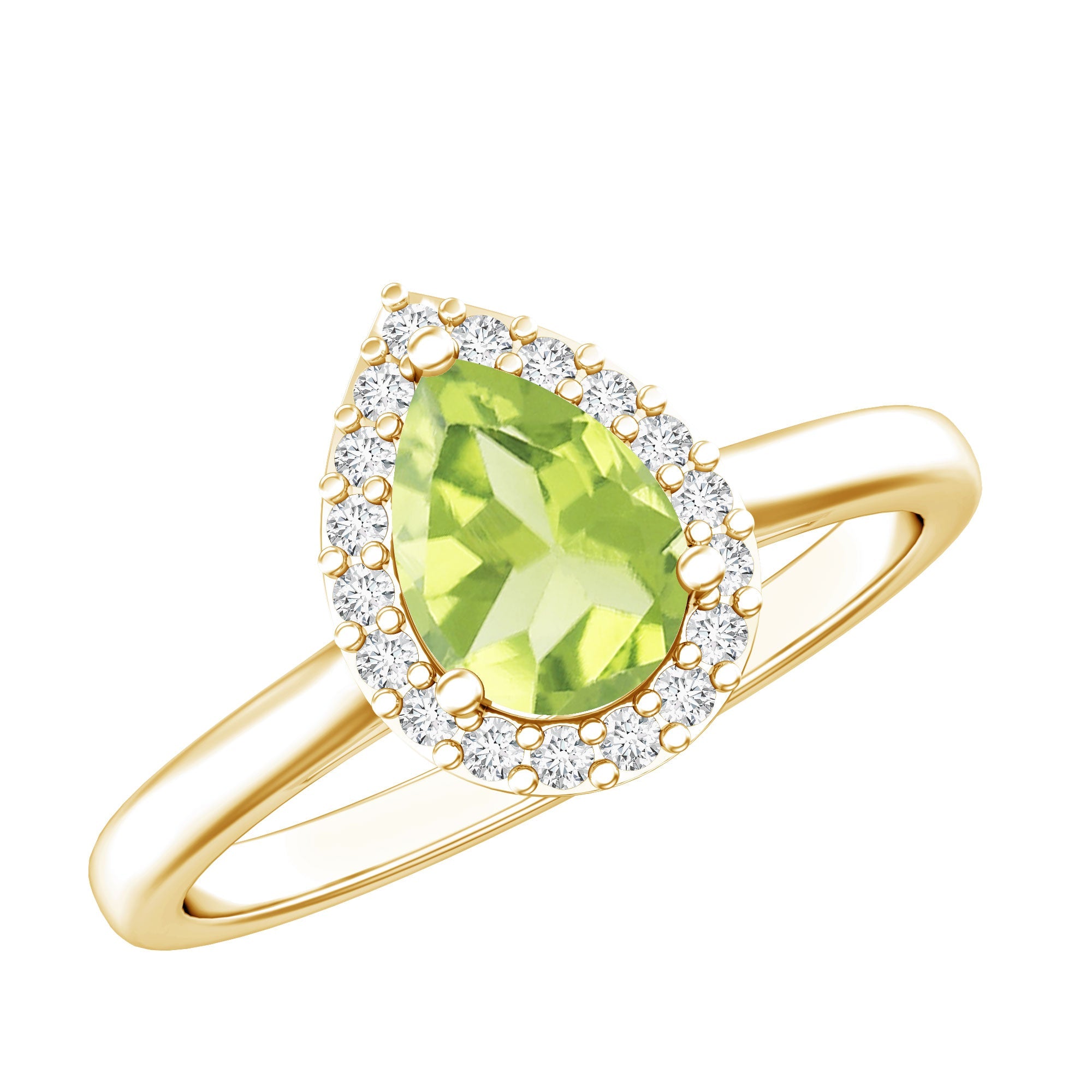 Peridot Engagement Ring – Teardrop Pear Shape with Diamond Halo Setting
