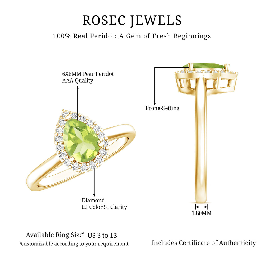 Peridot Engagement Ring – Teardrop Pear Shape with Diamond Halo Setting