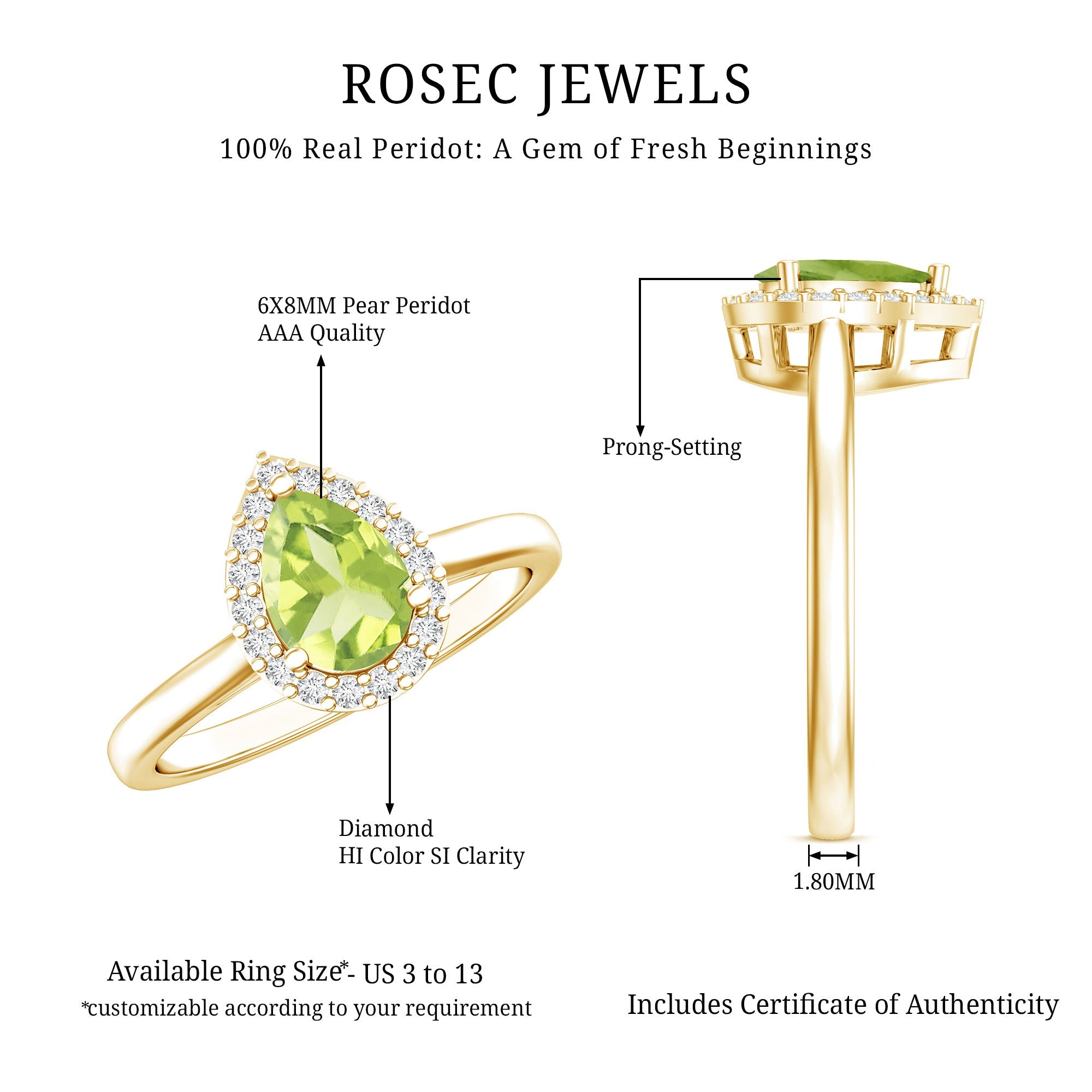 Peridot Engagement Ring – Teardrop Pear Shape with Diamond Halo Setting