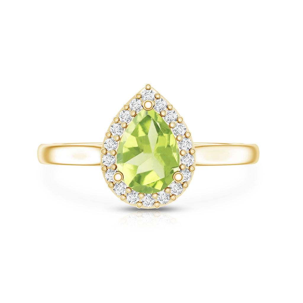 Peridot Engagement Ring – Teardrop Pear Shape with Diamond Halo Setting