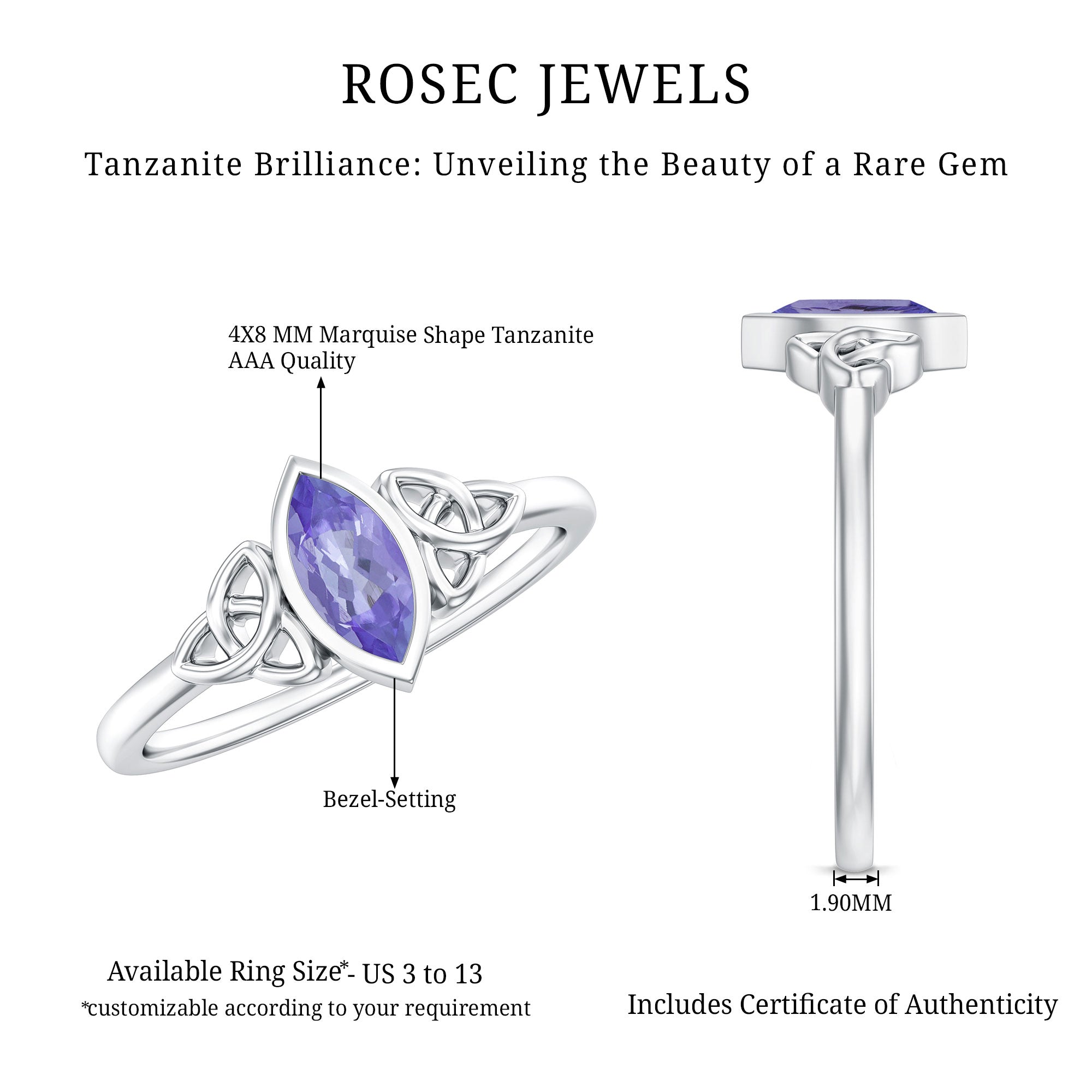 Marquise Tanzanite Ring – Bezel Set Promise Ring with Celtic Knot Design