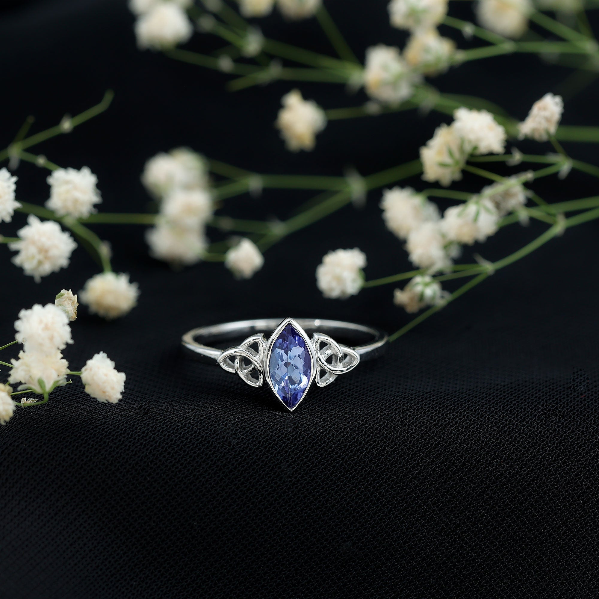 Marquise Tanzanite Ring – Bezel Set Promise Ring with Celtic Knot Design