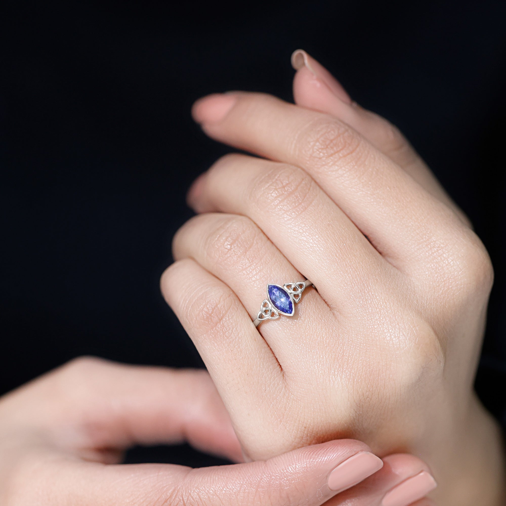 Marquise Tanzanite Ring – Bezel Set Promise Ring with Celtic Knot Design