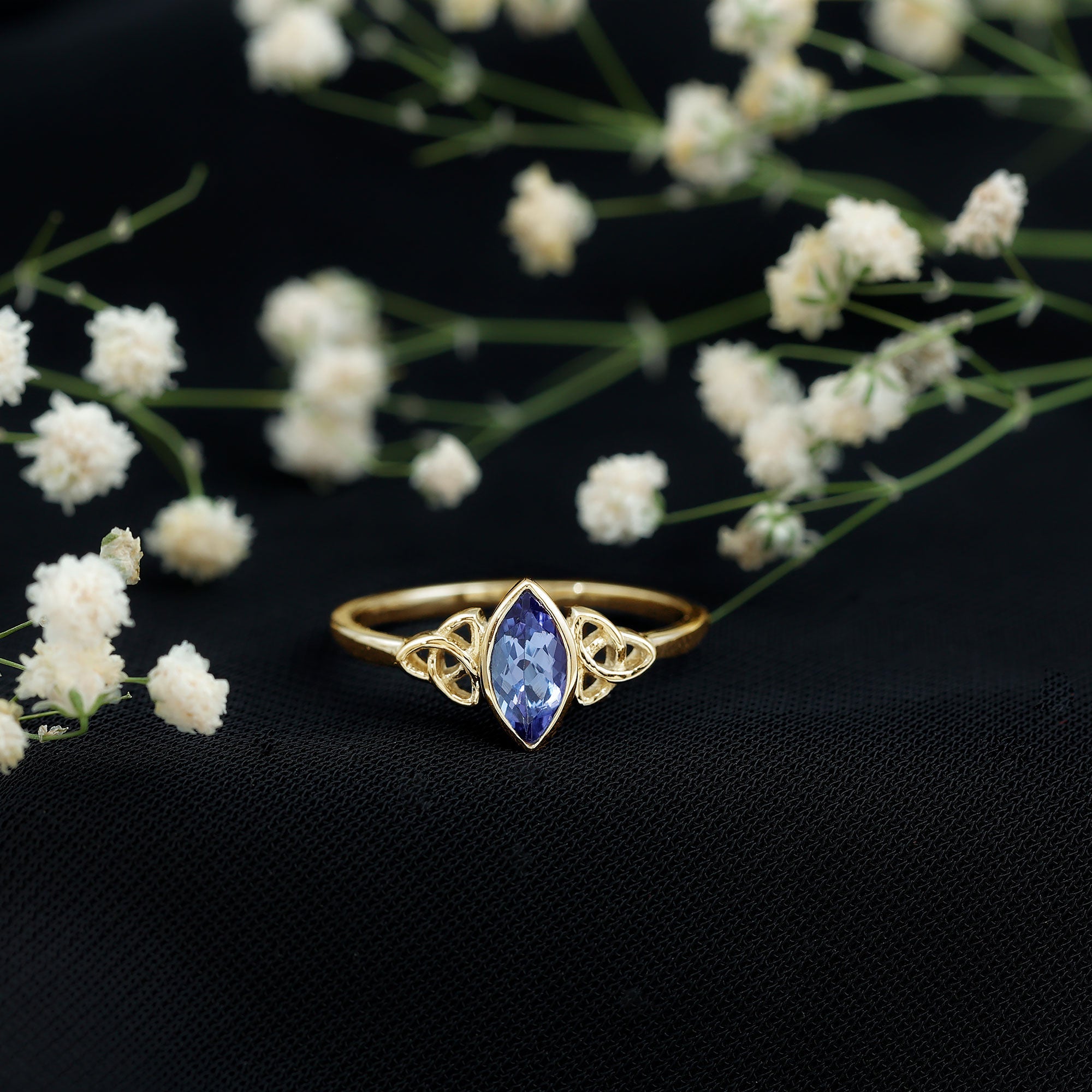Marquise Tanzanite Ring – Bezel Set Promise Ring with Celtic Knot Design