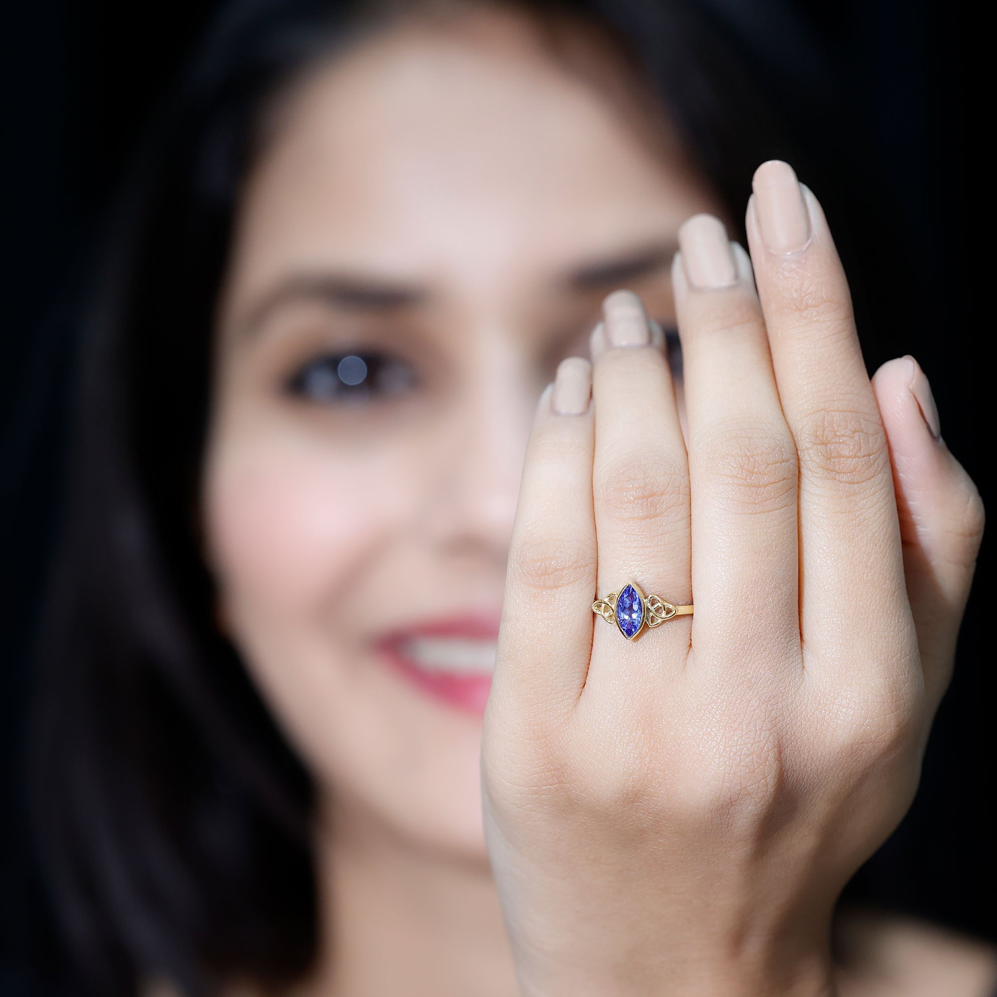 Marquise Tanzanite Ring – Bezel Set Promise Ring with Celtic Knot Design